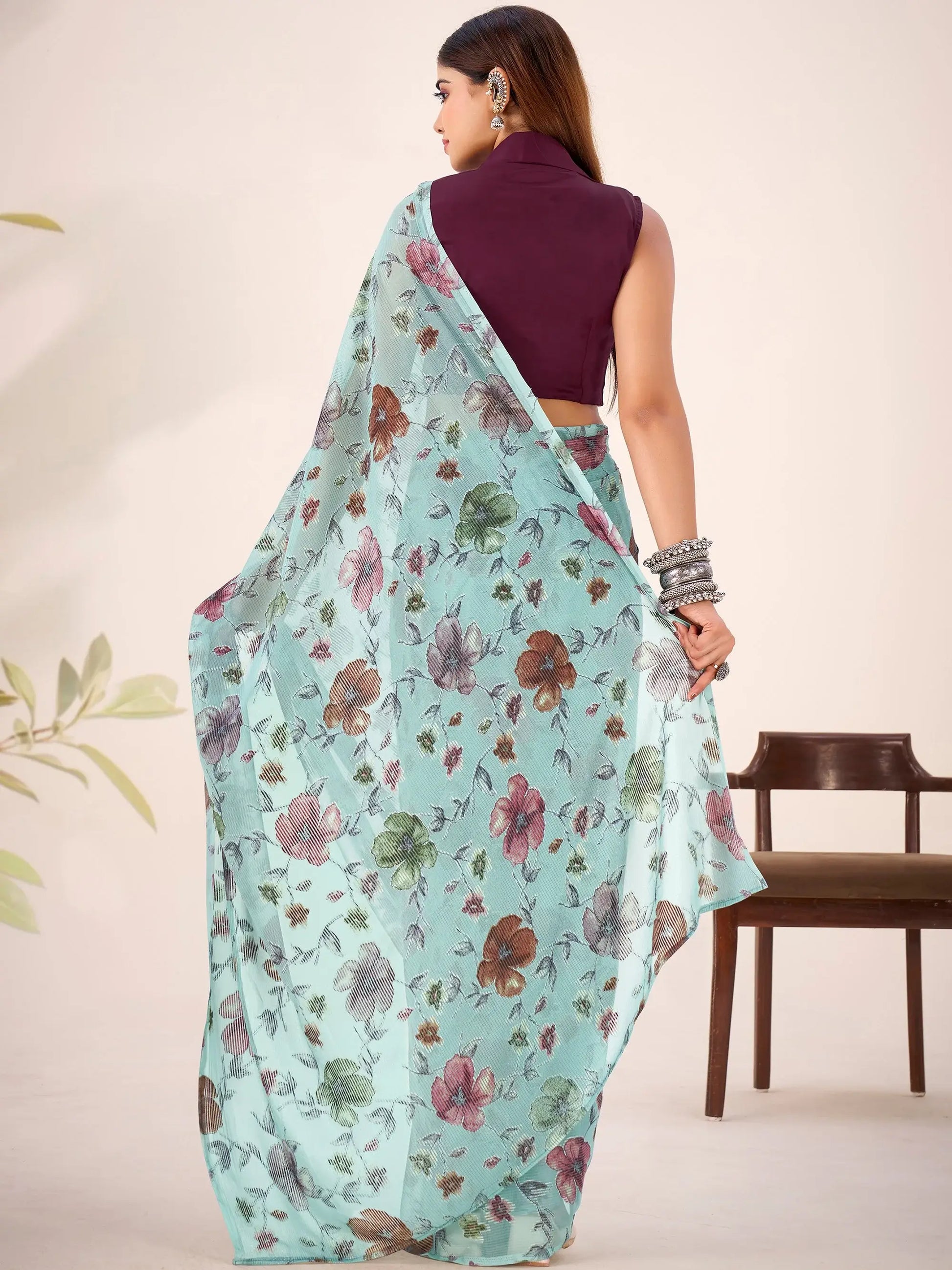 Glamorous Sea Green Floral Printed Brasso Festivals Wear Saree