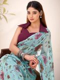 Glamorous Sea Green Floral Printed Brasso Festivals Wear Saree