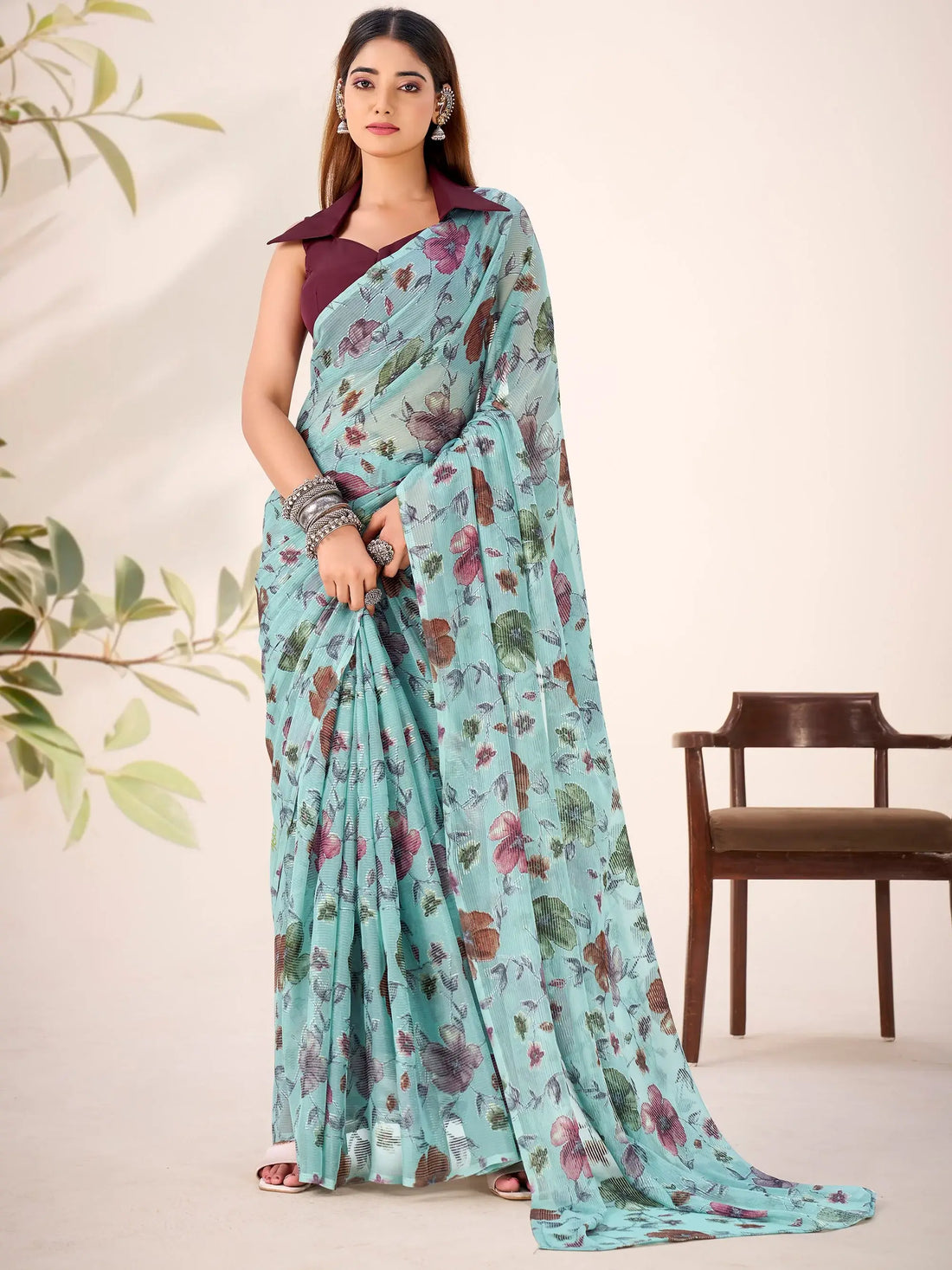Glamorous Sea Green Floral Printed Brasso Festivals Wear Saree