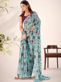 Glamorous Sea Green Floral Printed Brasso Festivals Wear Saree