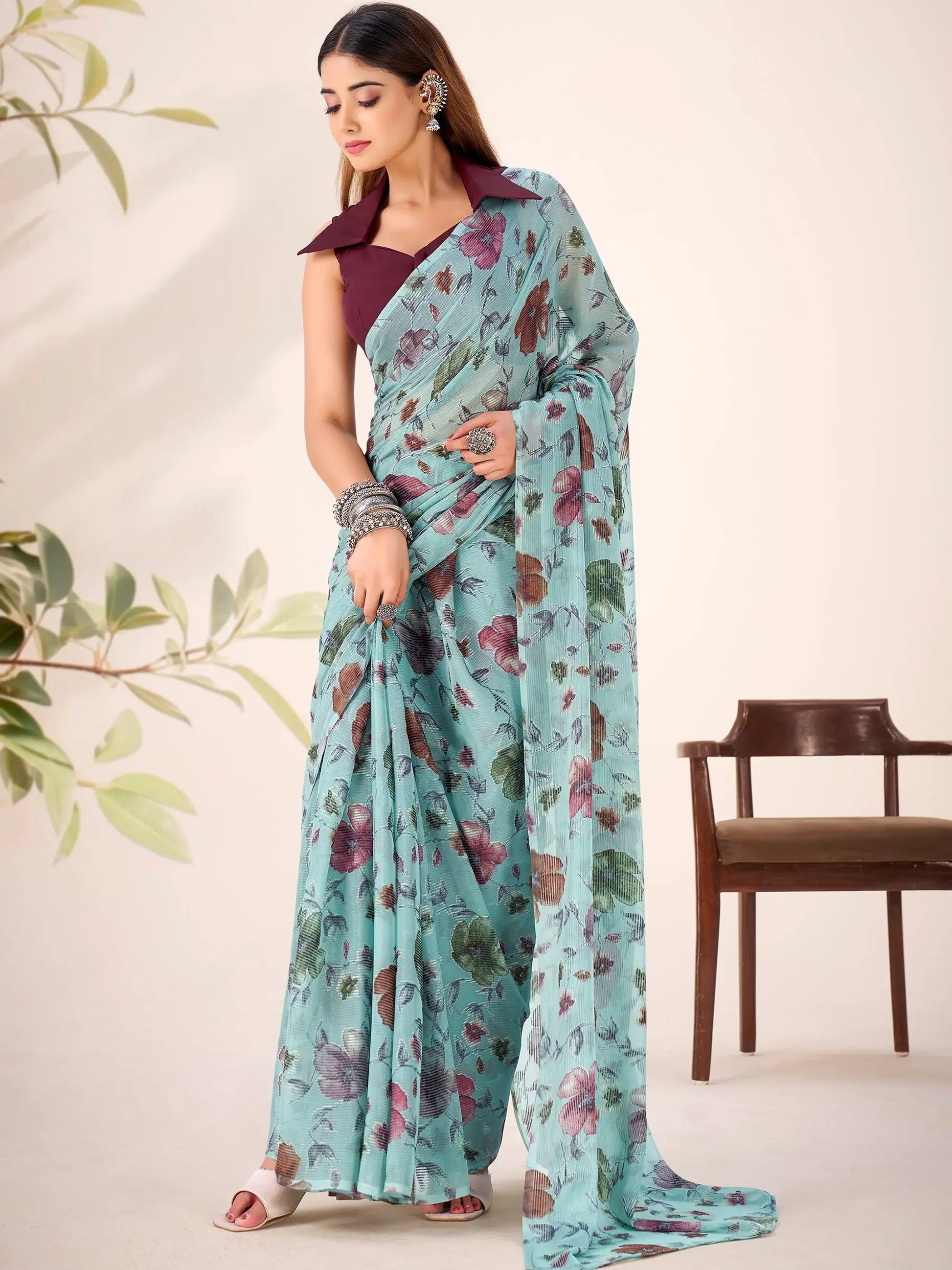 Glamorous Sea Green Floral Printed Brasso Festivals Wear Saree