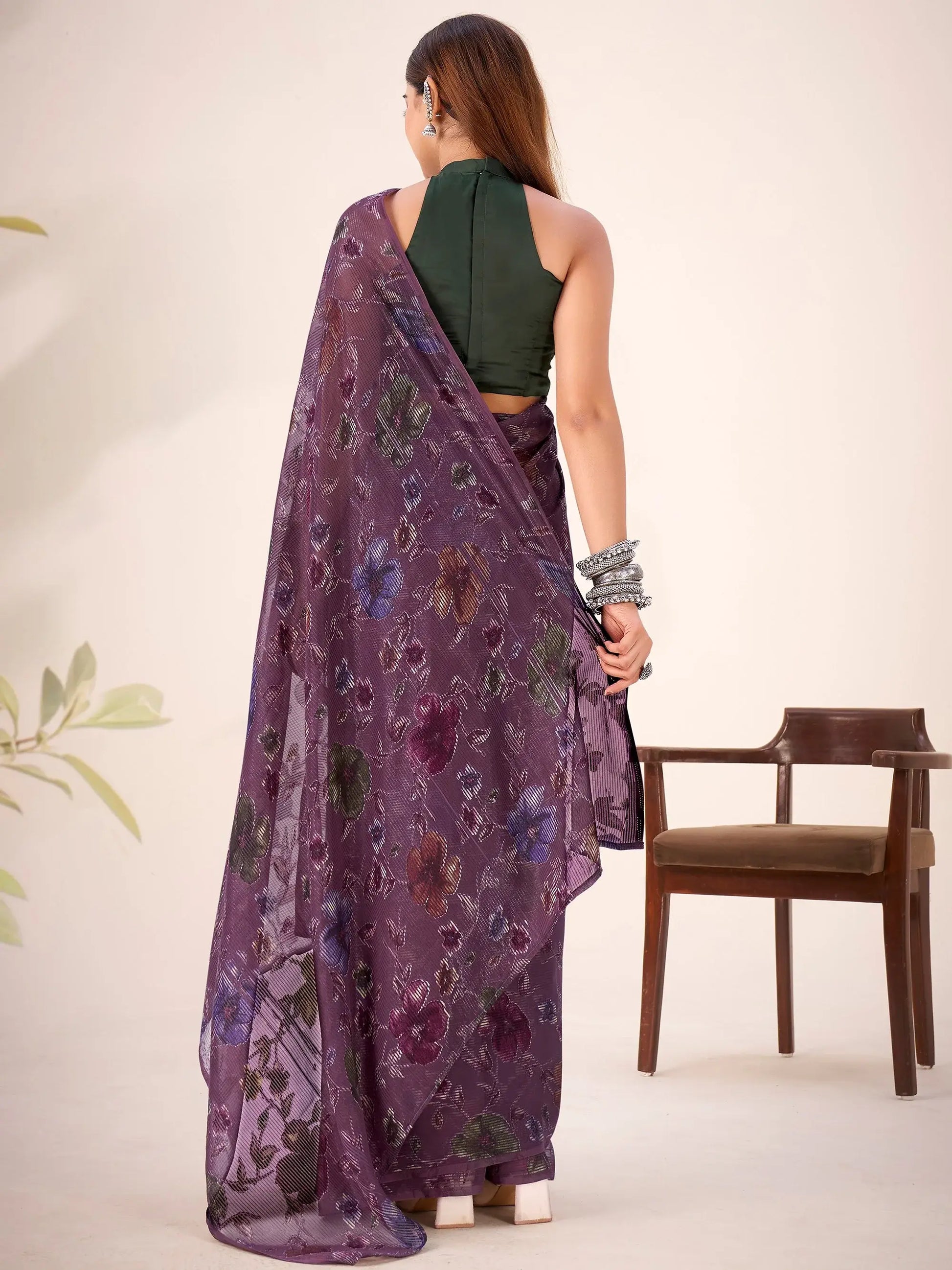 Attractive Wine Purple Floral Printed Brasso Engagement Wear Saree