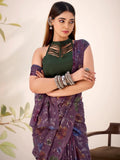 Attractive Wine Purple Floral Printed Brasso Engagement Wear Saree