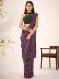 Attractive Wine Purple Floral Printed Brasso Engagement Wear Saree