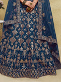 Glamorous Navy Blue Thread Work Slub Silk Wedding Lehenga Choli With Dupatta