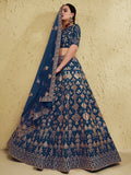 Glamorous Navy Blue Thread Work Slub Silk Wedding Lehenga Choli With Dupatta