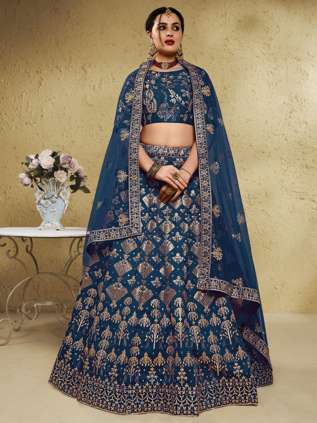Glamorous Navy Blue Thread Work Slub Silk Wedding Lehenga Choli With Dupatta