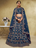 Glamorous Navy Blue Thread Work Slub Silk Wedding Lehenga Choli With Dupatta