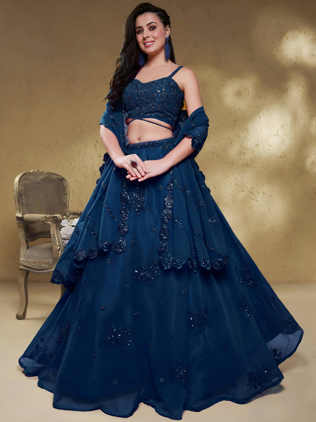 Dazzling Navy Blue Embroidered Georgette Wedding Wear Lehenga Choli