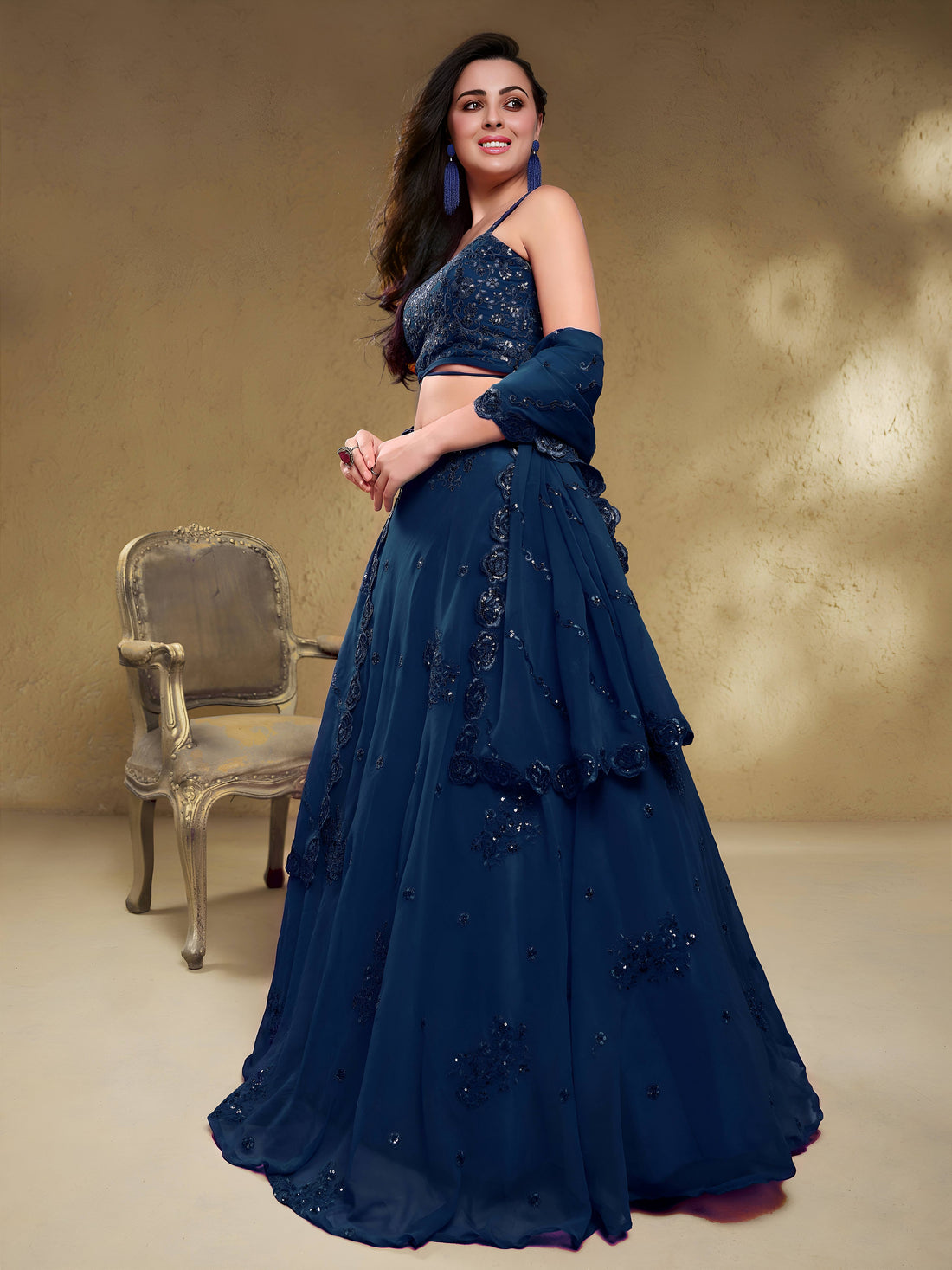 Dazzling Navy Blue Embroidered Georgette Wedding Wear Lehenga Choli