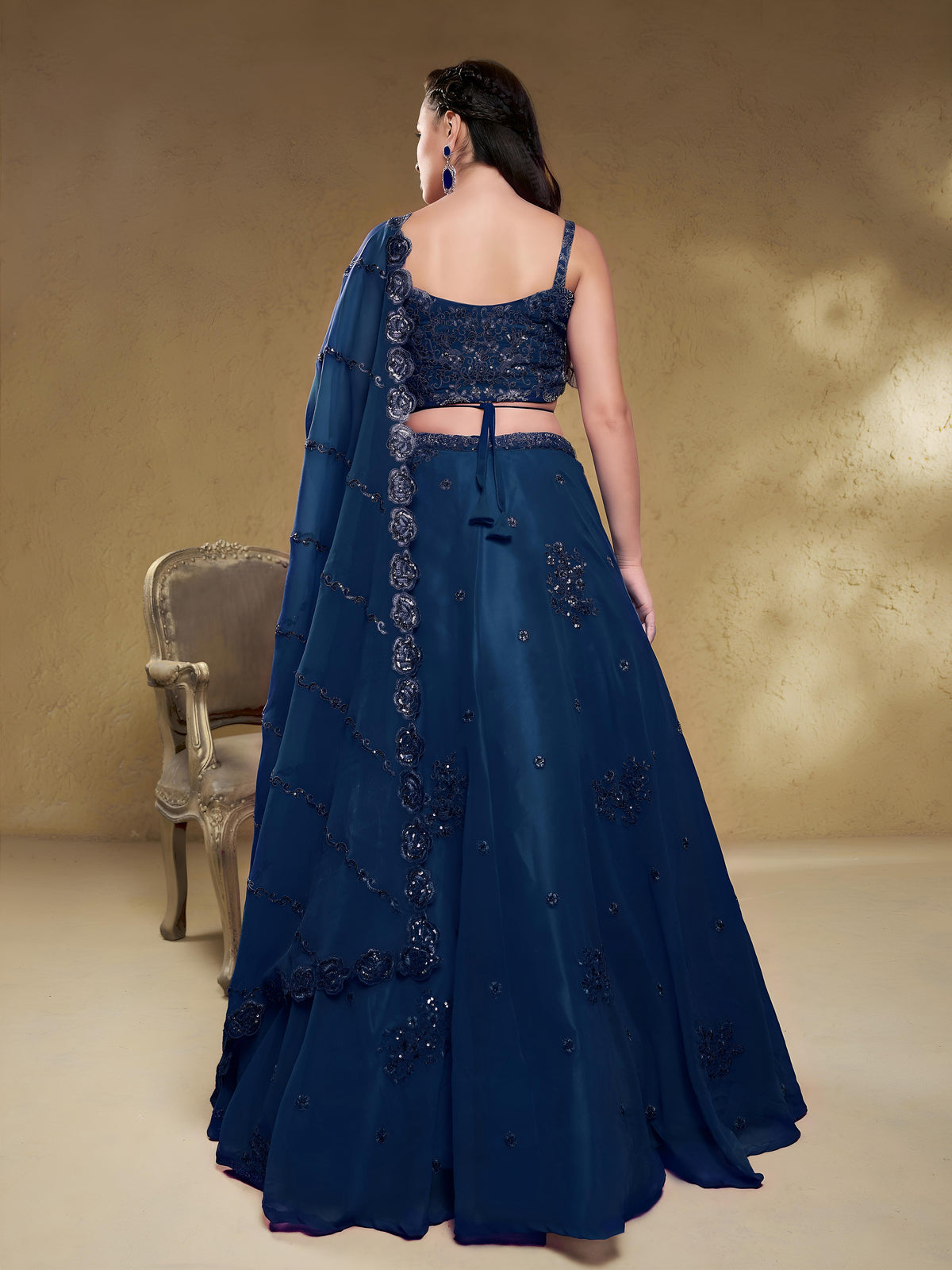 Dazzling Navy Blue Embroidered Georgette Wedding Wear Lehenga Choli