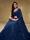 Dazzling Navy Blue Embroidered Georgette Wedding Wear Lehenga Choli