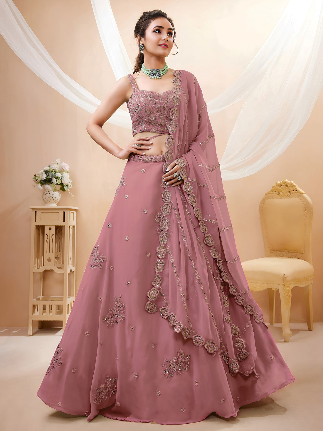 Pretty Dusty Pink Sequins Georgette Lehenga Choli With Dupatta