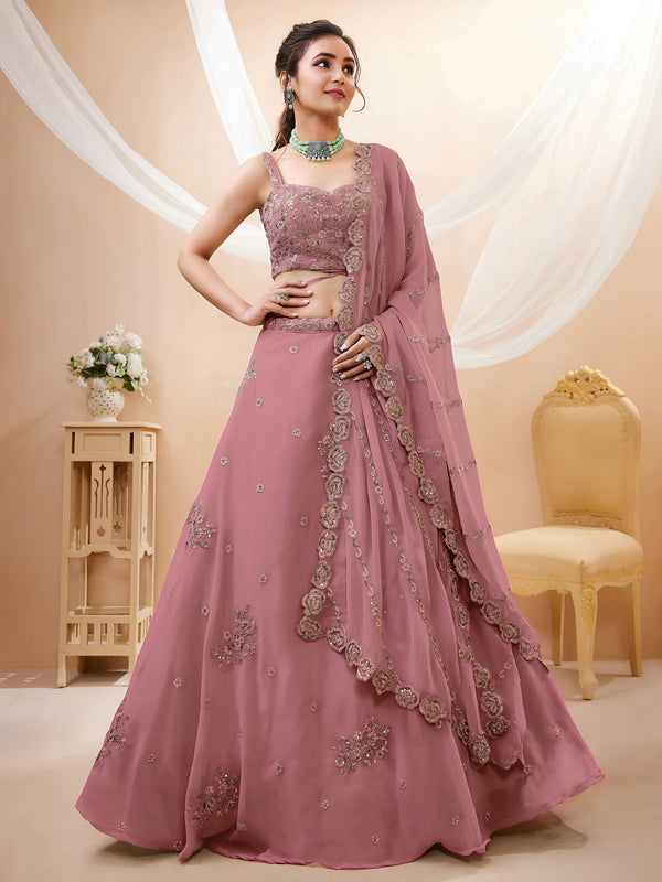Pretty Dusty Pink Sequins Georgette Lehenga Choli With Dupatta