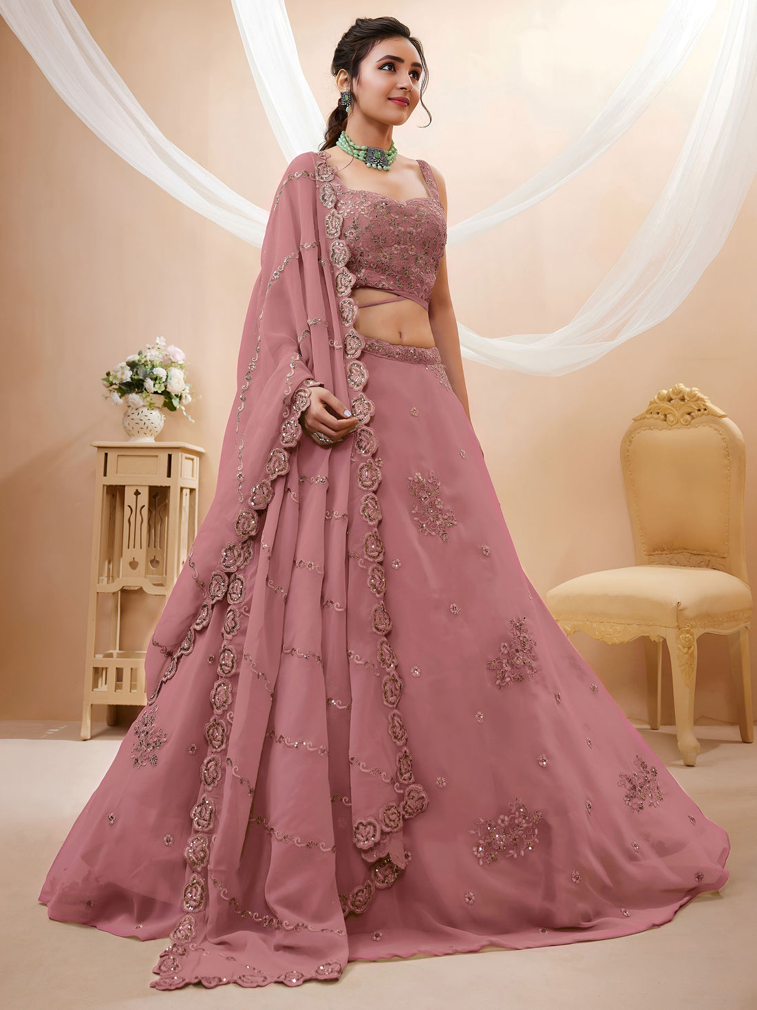 Pretty Dusty Pink Sequins Georgette Lehenga Choli With Dupatta