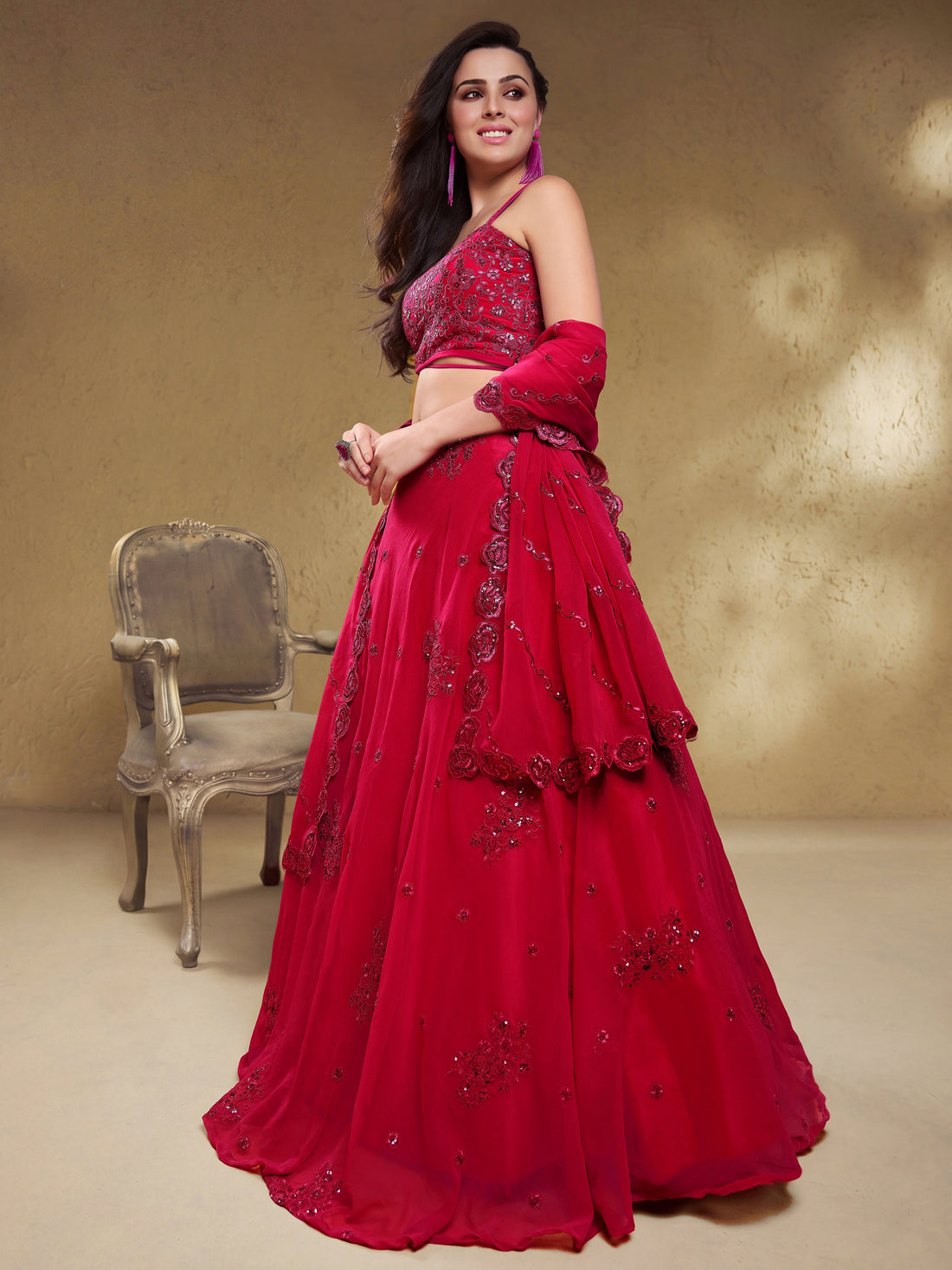 Lovely Pink Embroidered Georgette Reception Wear Lehenga Choli