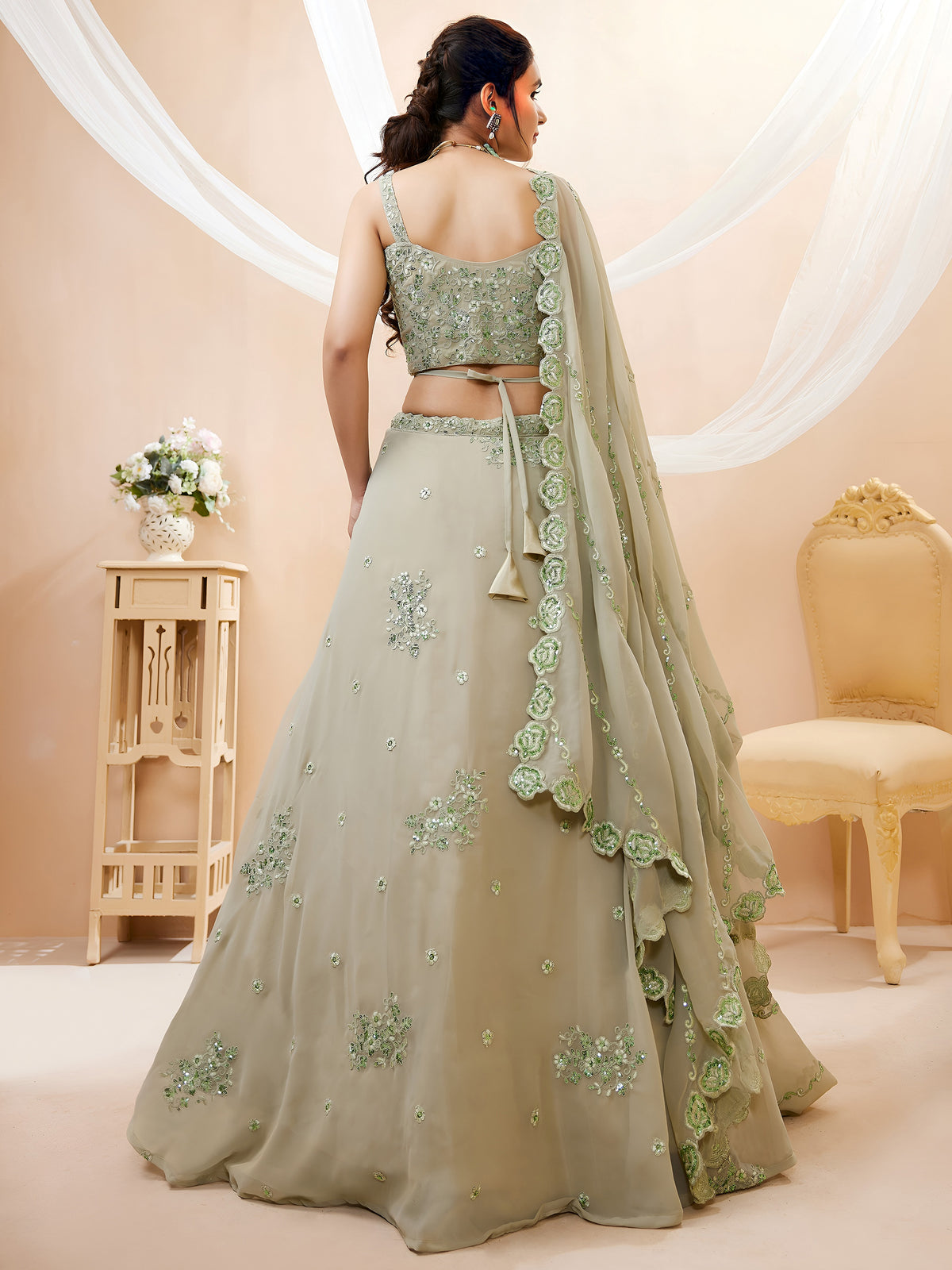 Stunning Pista Green Embroidered Sangeet Wear Lehenga Choli