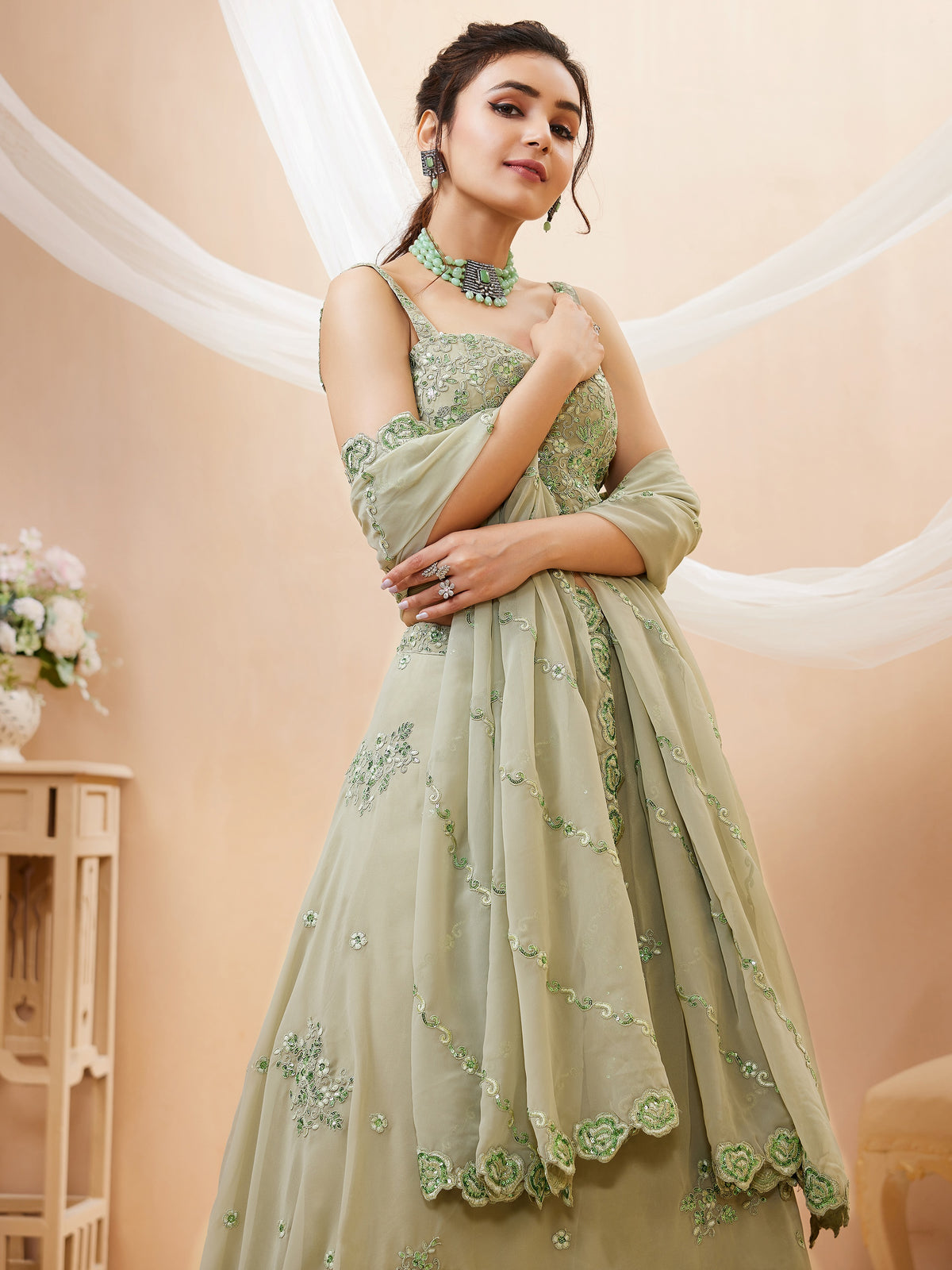 Stunning Pista Green Embroidered Sangeet Wear Lehenga Choli