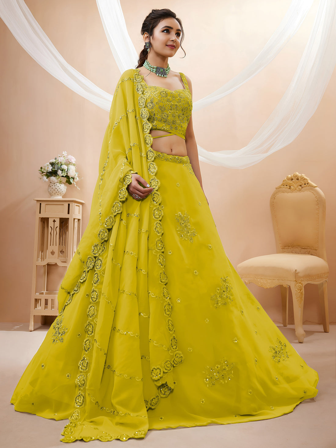 Awesome Neon Yellow Embroidered Engagement Wear Lehenga Choli