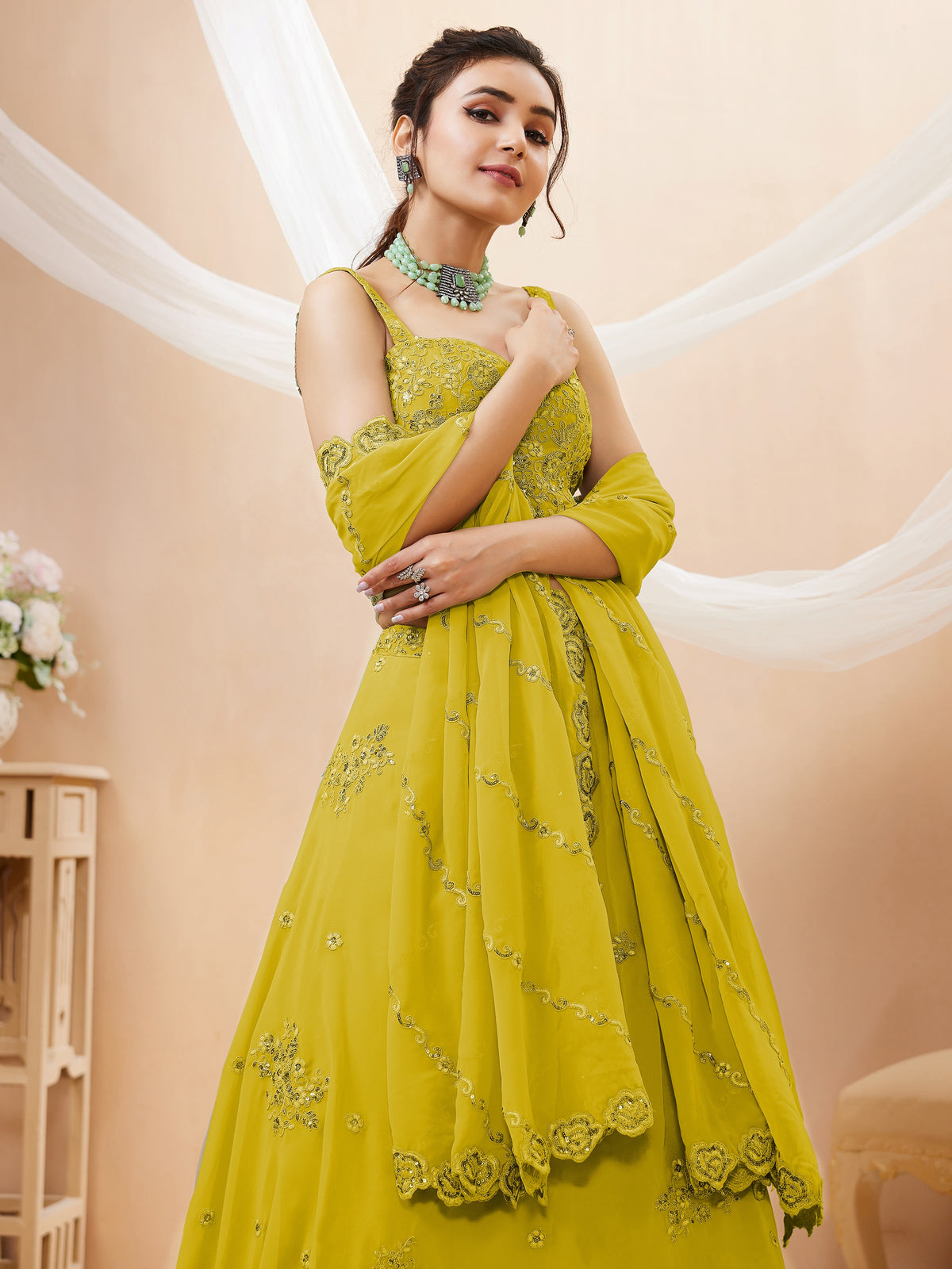 Awesome Neon Yellow Embroidered Engagement Wear Lehenga Choli