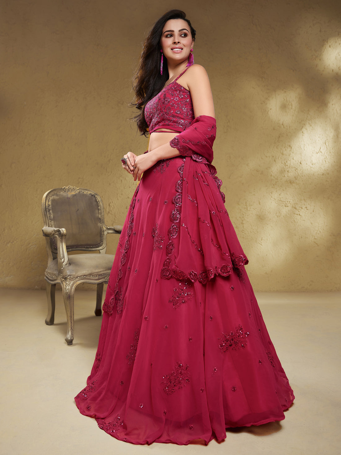 Lovely Pink Embroidered Georgette Reception Wear Lehenga Choli