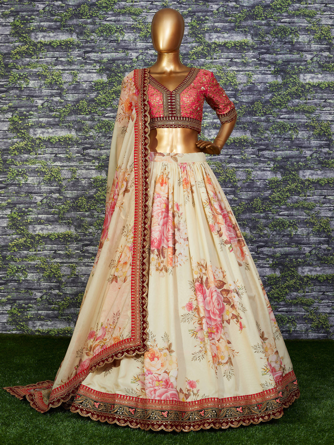 Attractive Off White Floral Printed Organza Wedding Wear Lehenga Choli
