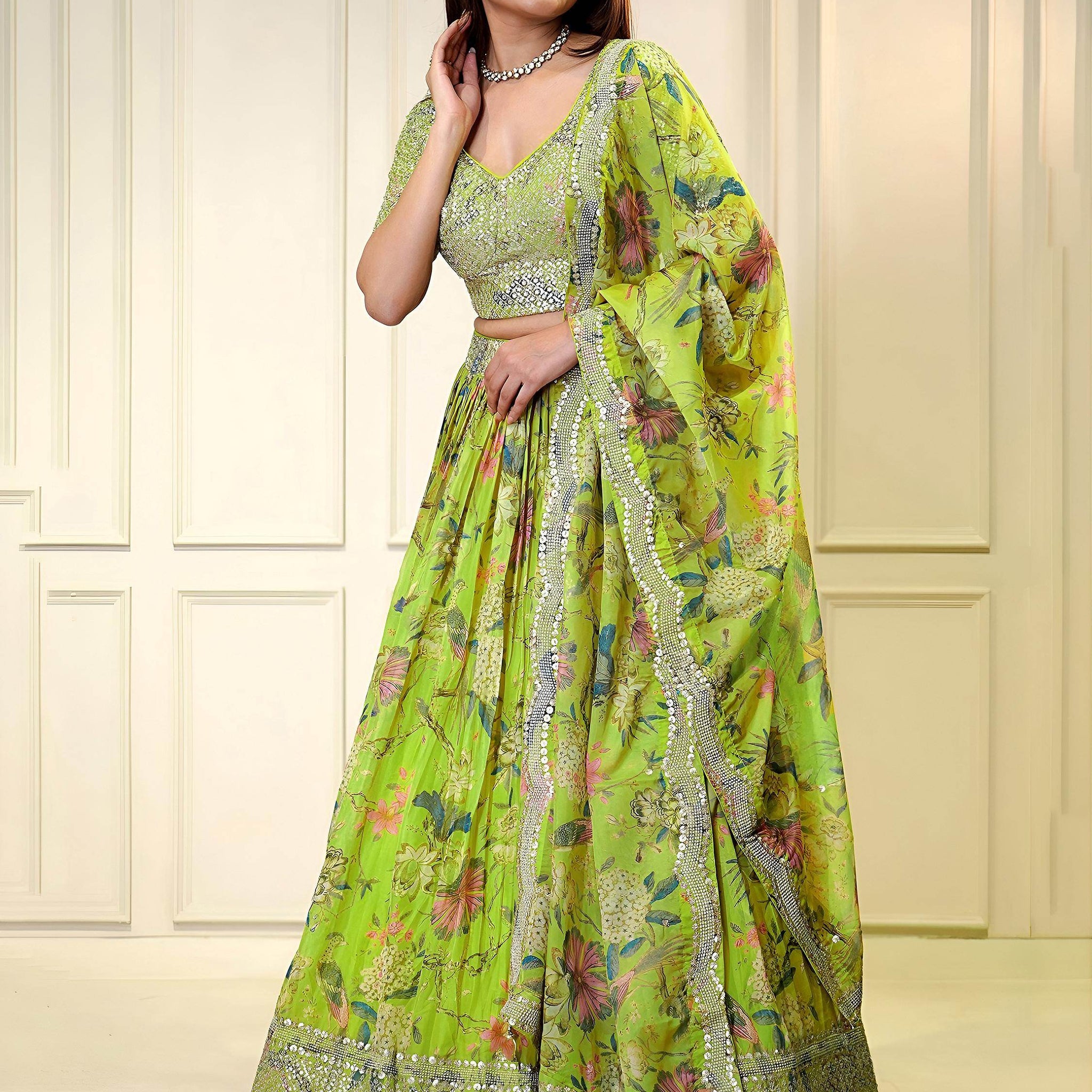 Adorable Neon Green Printed Organza Event Wear Lehenga Choli
