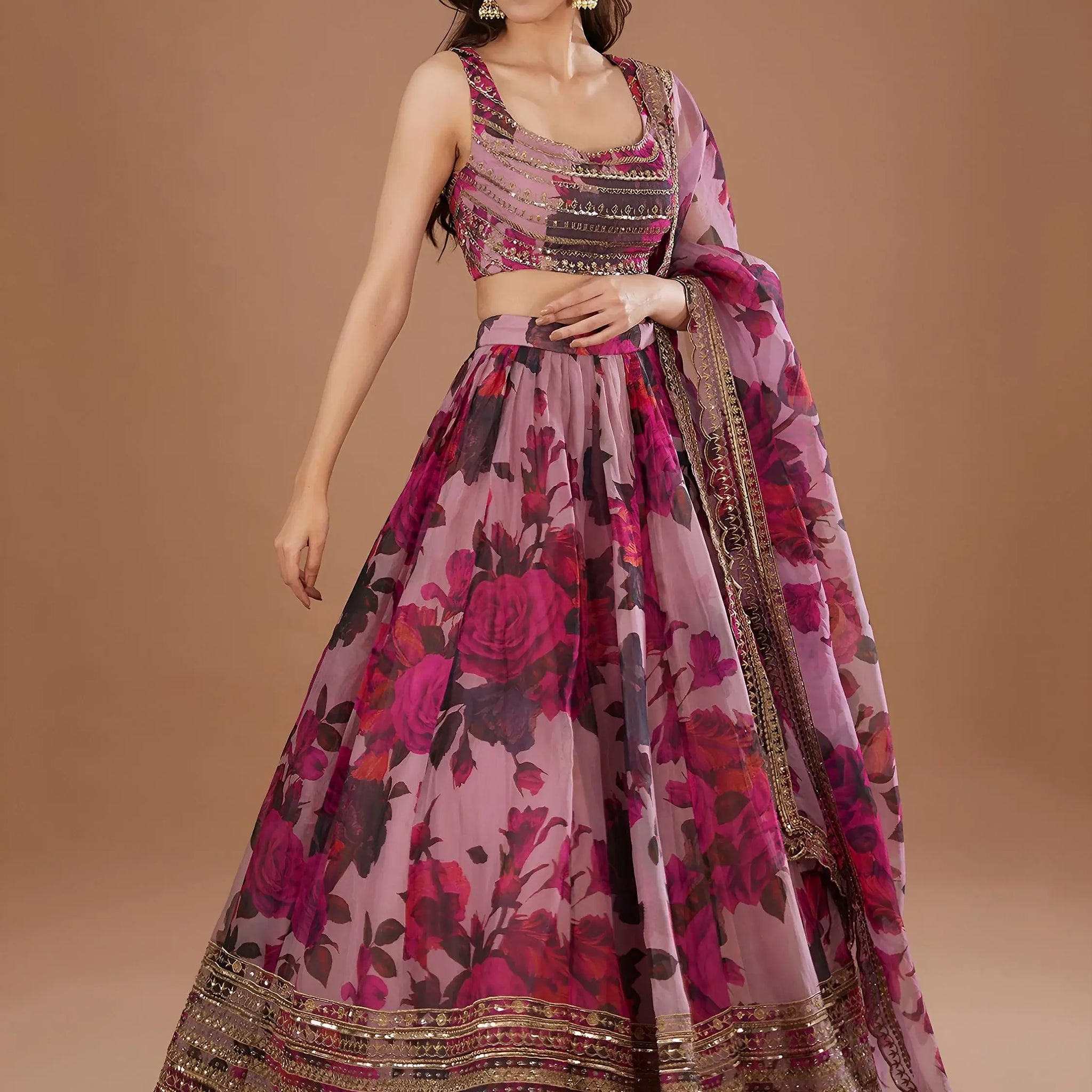 Precious Pink Floral Printed Organza Lehenga Choli With Dupatta