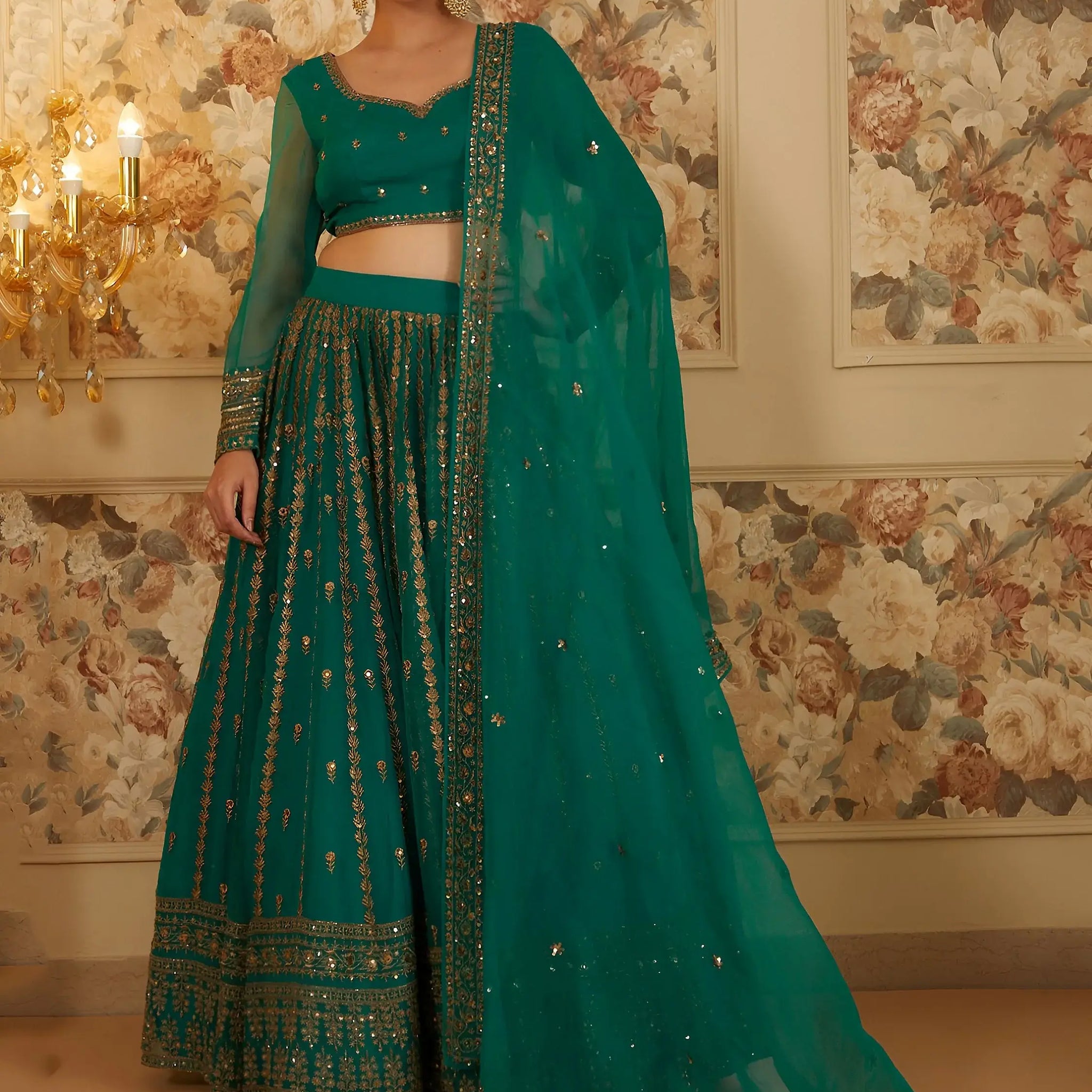 Stunning Green Sequins Work Organza Festive Wear Lehenga Choli