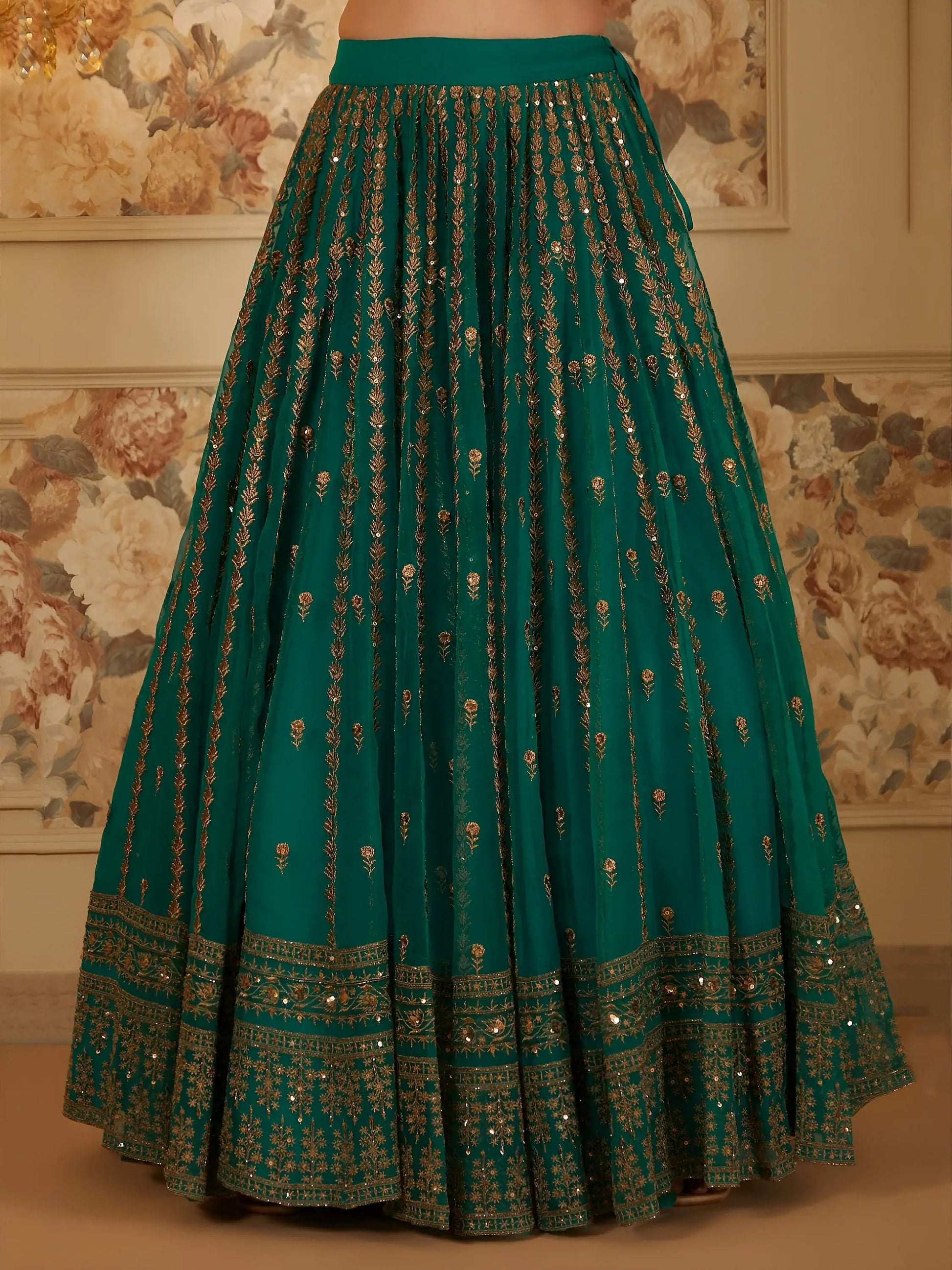 Stunning Green Sequins Work Organza Festive Wear Lehenga Choli