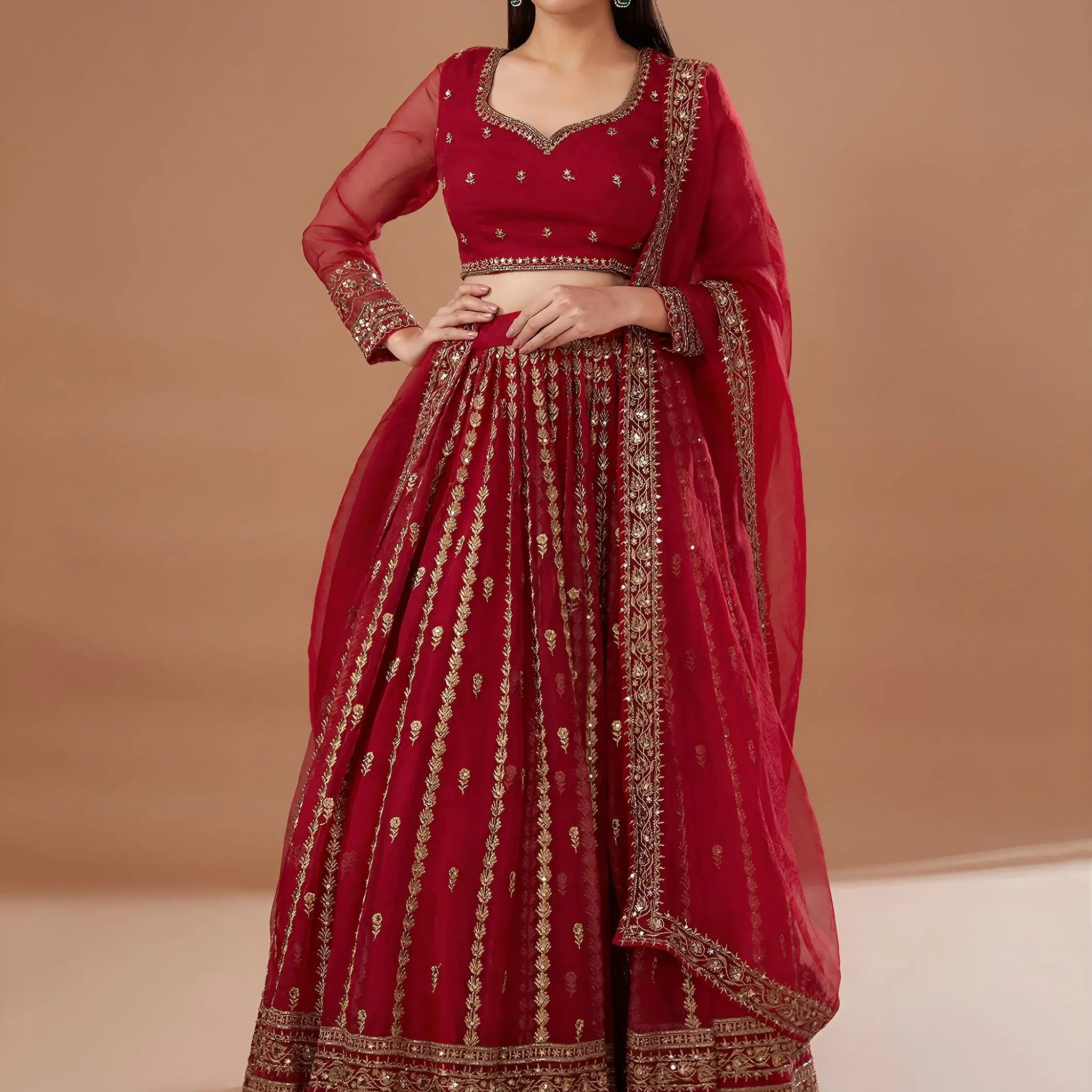 Marvelous Red Sequins Work Organza Wedding Lehenga Choli With Dupatta