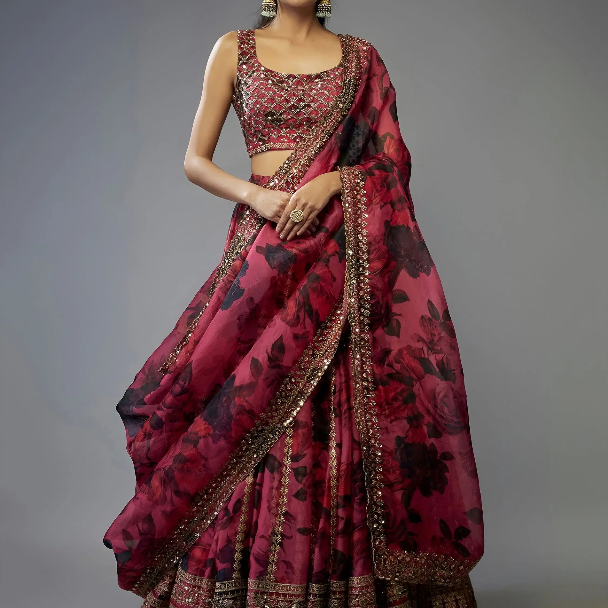 Glamorous Coral Pink Floral Printed Organza Reception Lehenga Choli