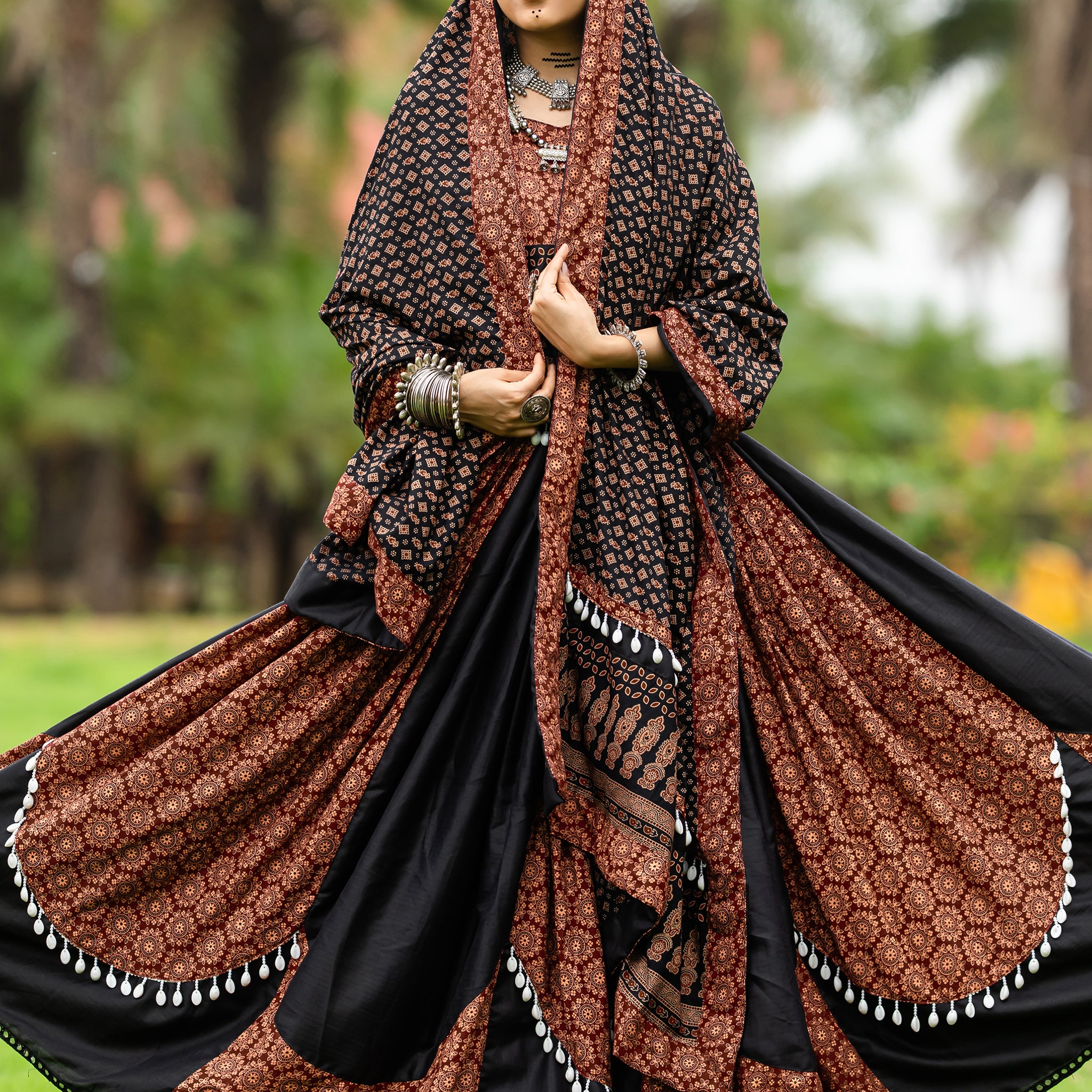 Spectacular Black Printed Cotton Navratri Lehenga Choli With Dupatta