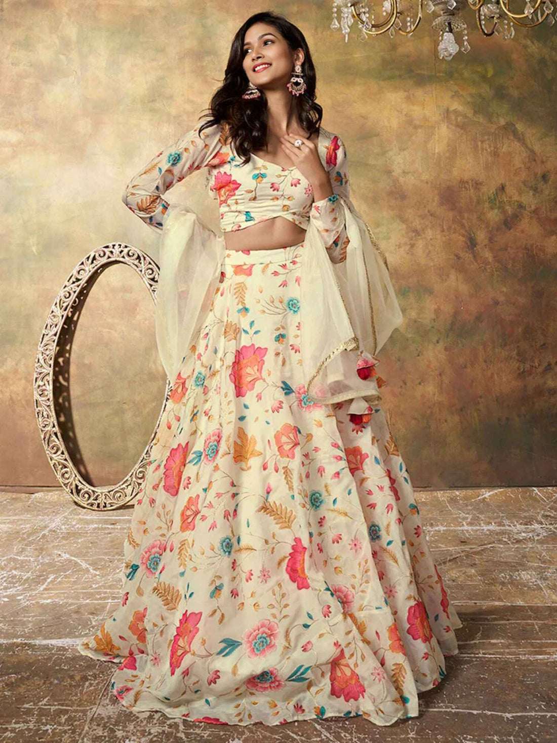 Alluring Beige Floral Printed Organza Reception Wear Lehenga Choli