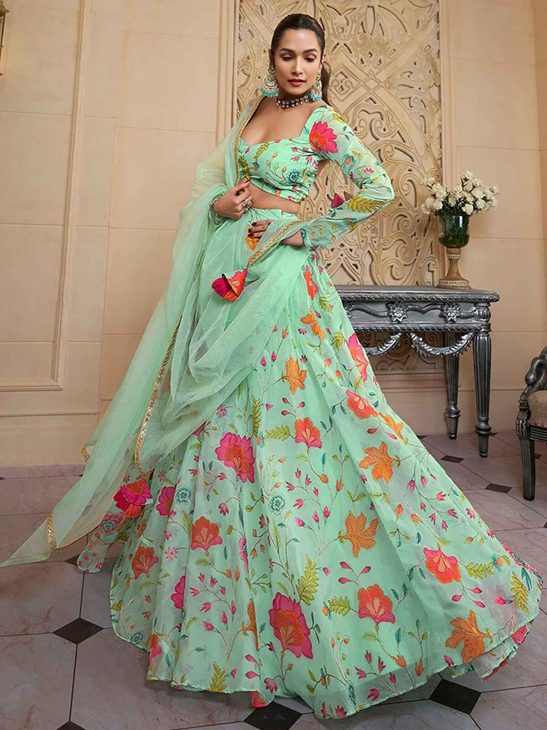 Amazing Green Floral Printed Organza Function Wear Lehenga Choli