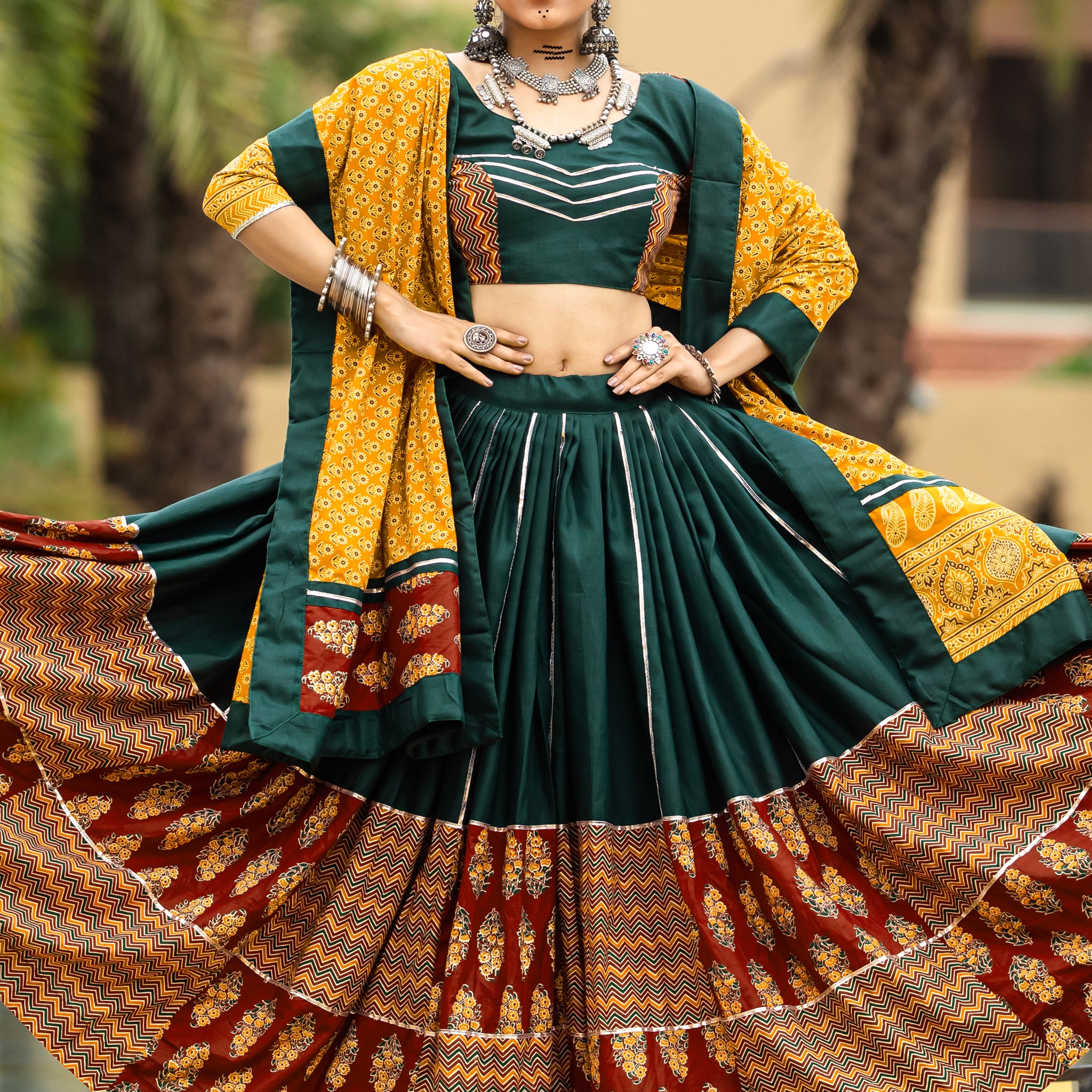 Captivating Green Printed Cotton Navratri Lehenga Choli With Dupatta