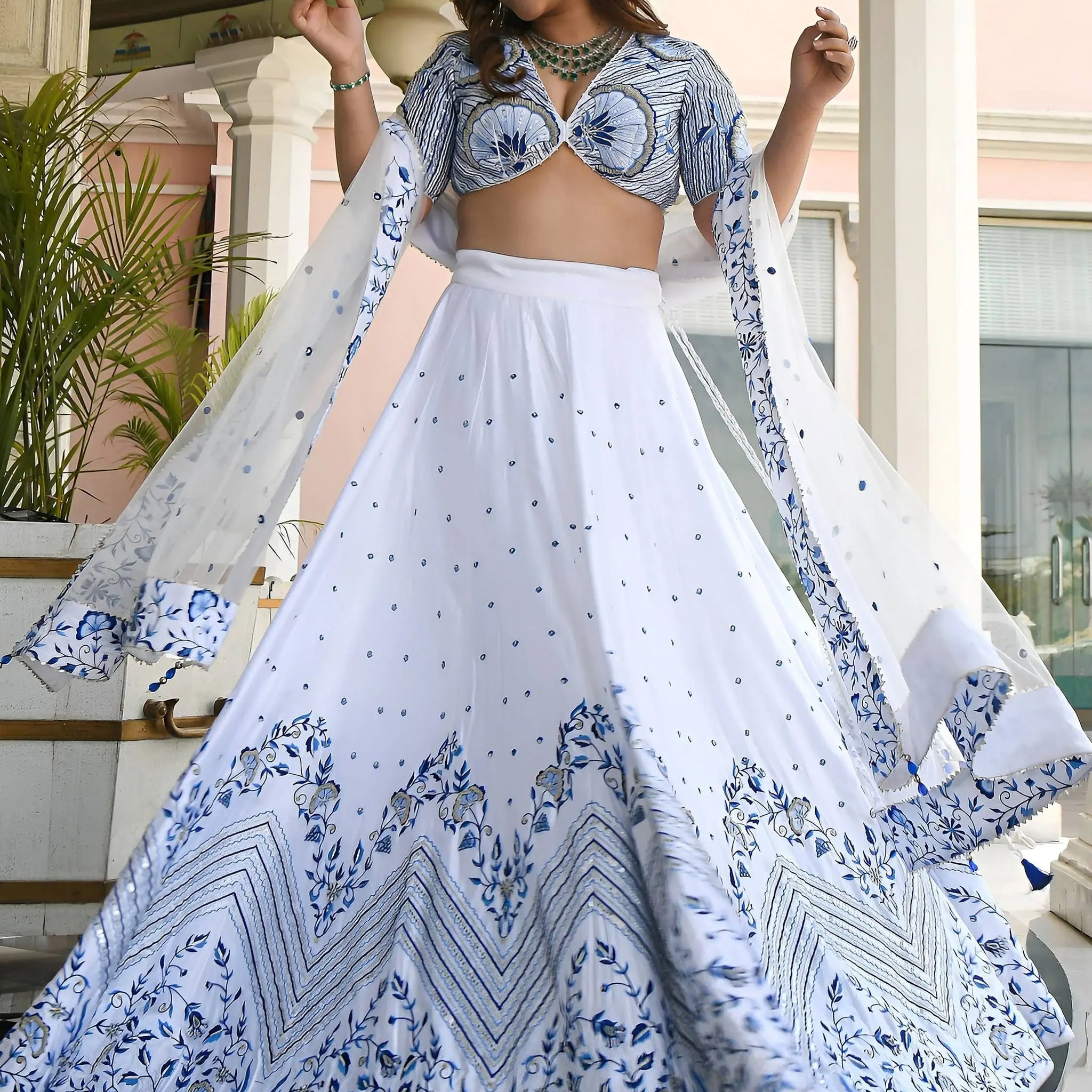 Lovely White Thread Work Sangeet Wear Lehenga Choli With Net Dupatta