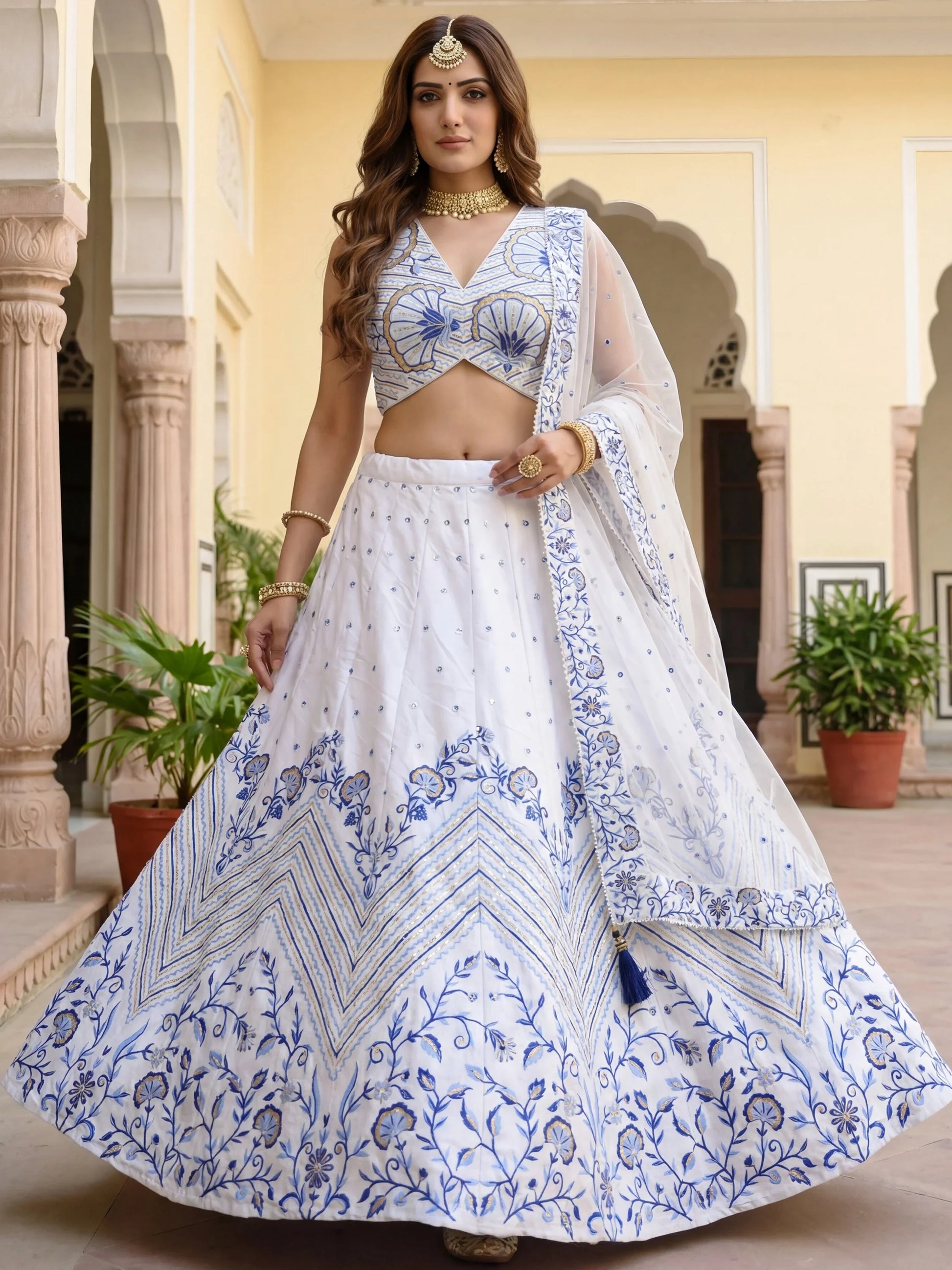 Stunning White Thread Embroidered Satin Sangeet Wear Lehenga Choli