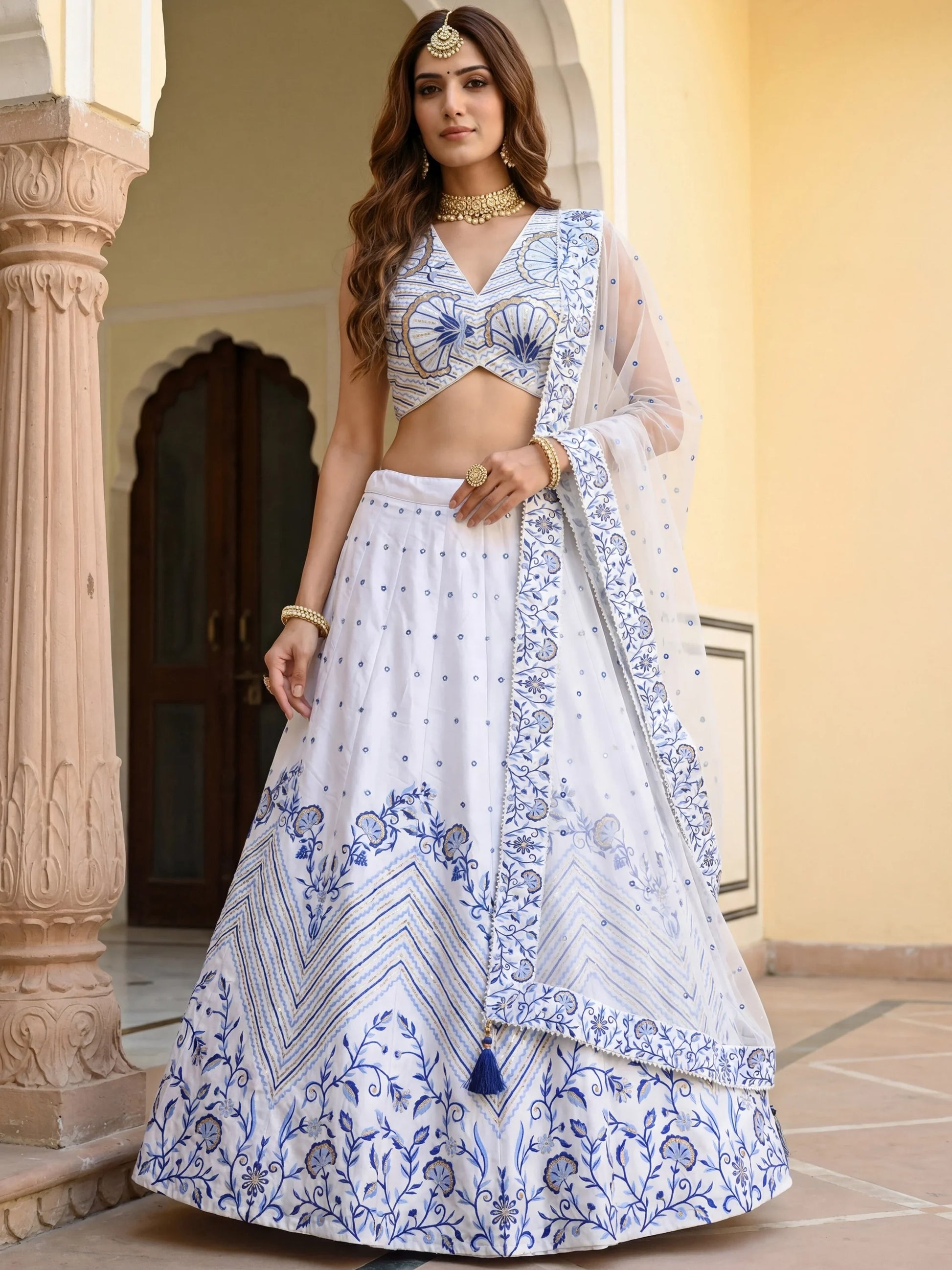Stunning White Thread Embroidered Satin Sangeet Wear Lehenga Choli