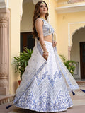 Stunning White Thread Embroidered Satin Sangeet Wear Lehenga Choli
