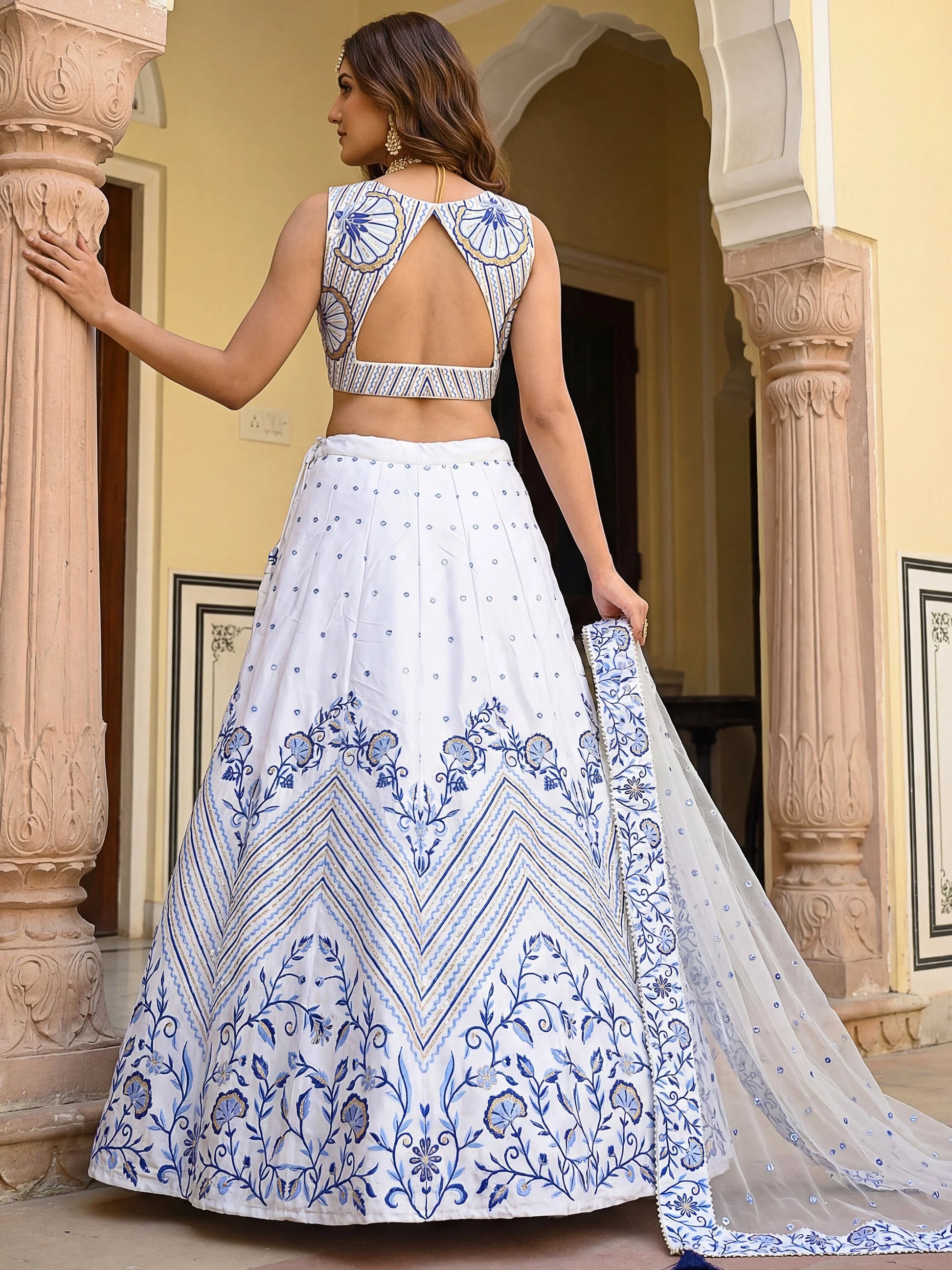 Stunning White Thread Embroidered Satin Sangeet Wear Lehenga Choli