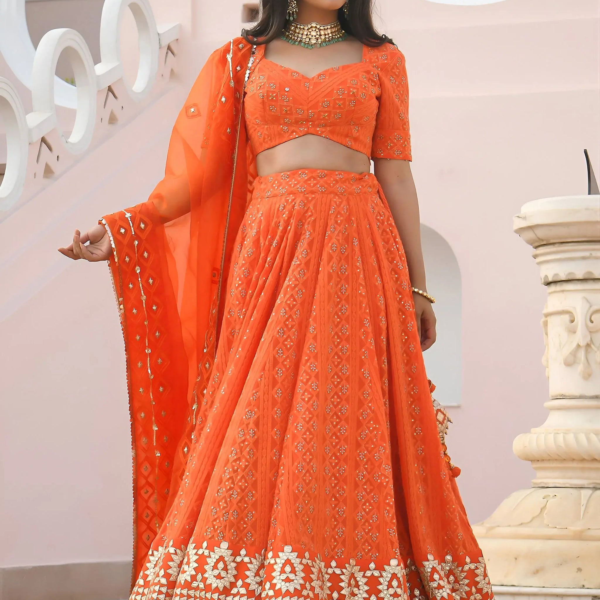 Stunning Orange Zari Embroidered Wedding Lehenga Choli With Dupatta