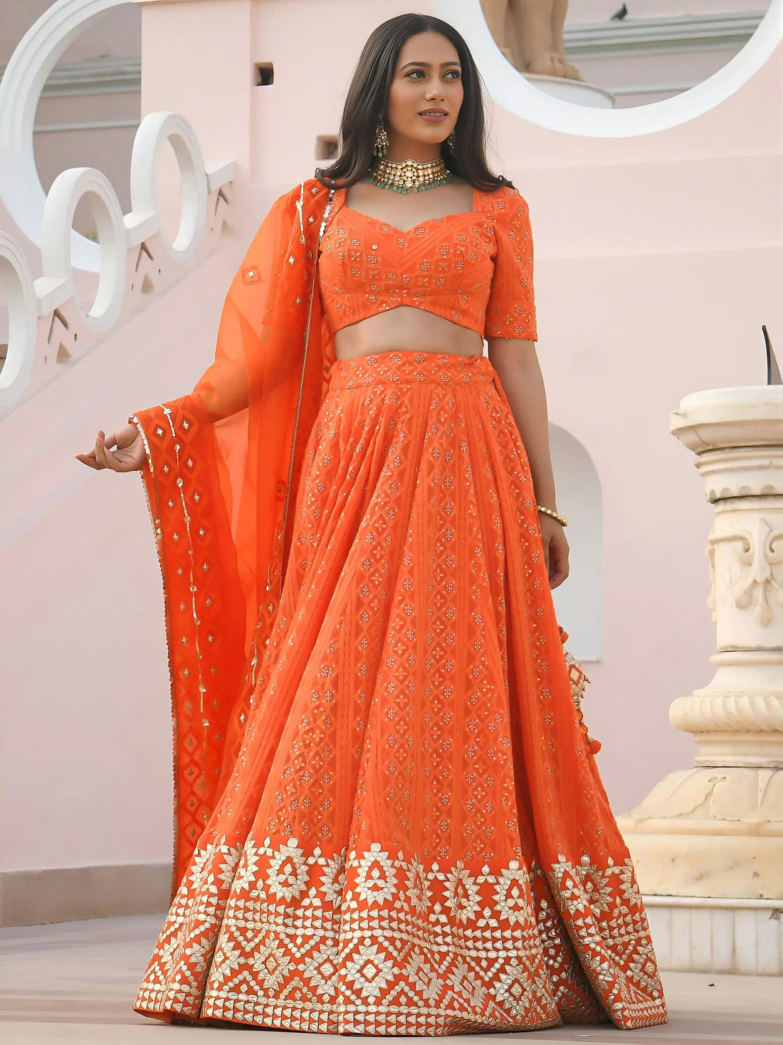 Stunning Orange Zari Embroidered Wedding Lehenga Choli With Dupatta