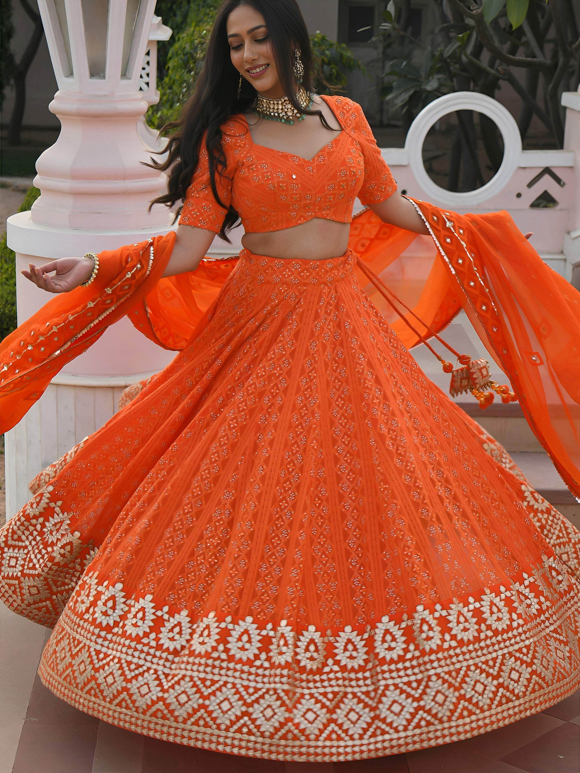Stunning Orange Zari Embroidered Wedding Lehenga Choli With Dupatta