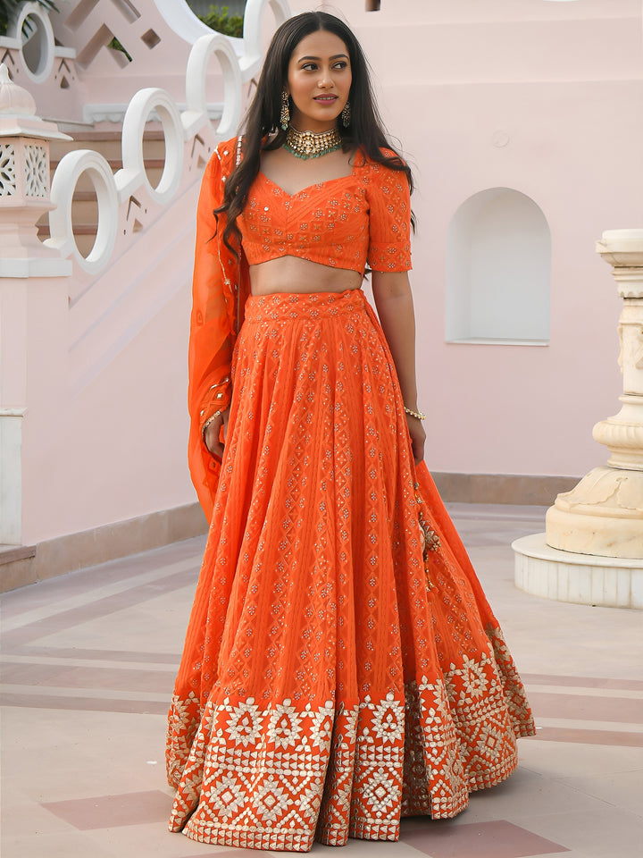 Stunning Orange Zari Embroidered Wedding Lehenga Choli With Dupatta