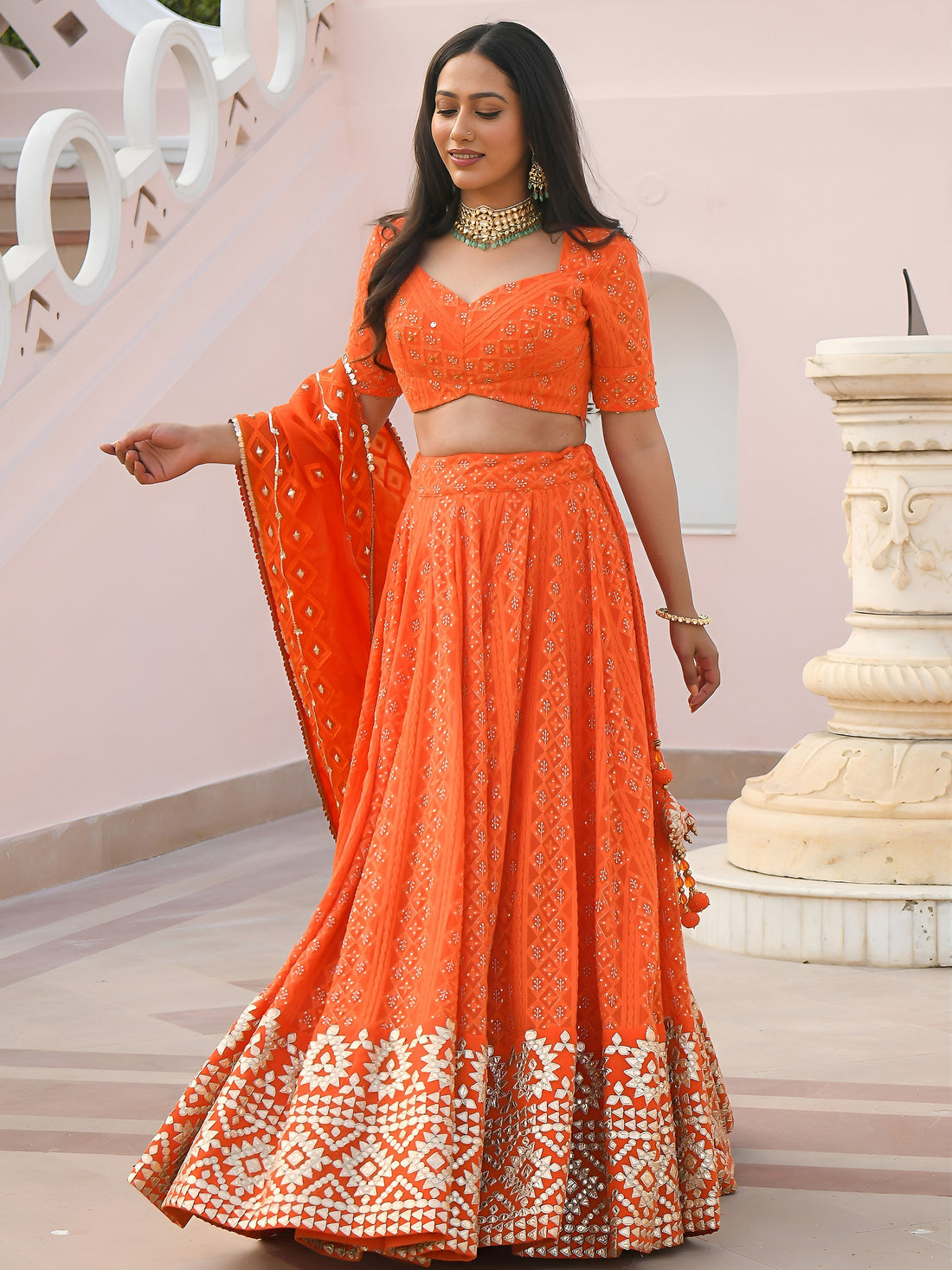 Stunning Orange Zari Embroidered Wedding Lehenga Choli With Dupatta