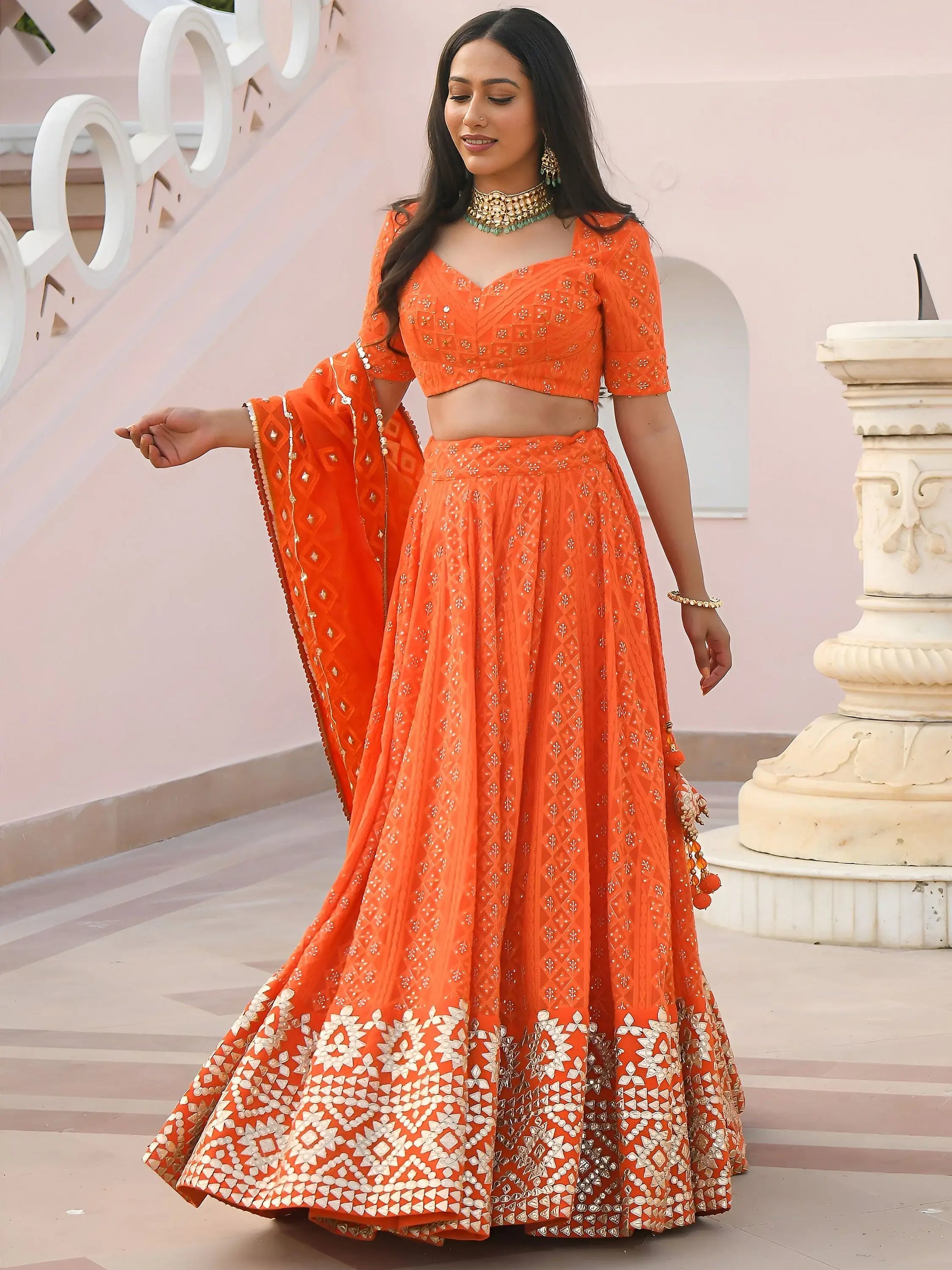 Stunning Orange Zari Embroidered Wedding Lehenga Choli With Dupatta