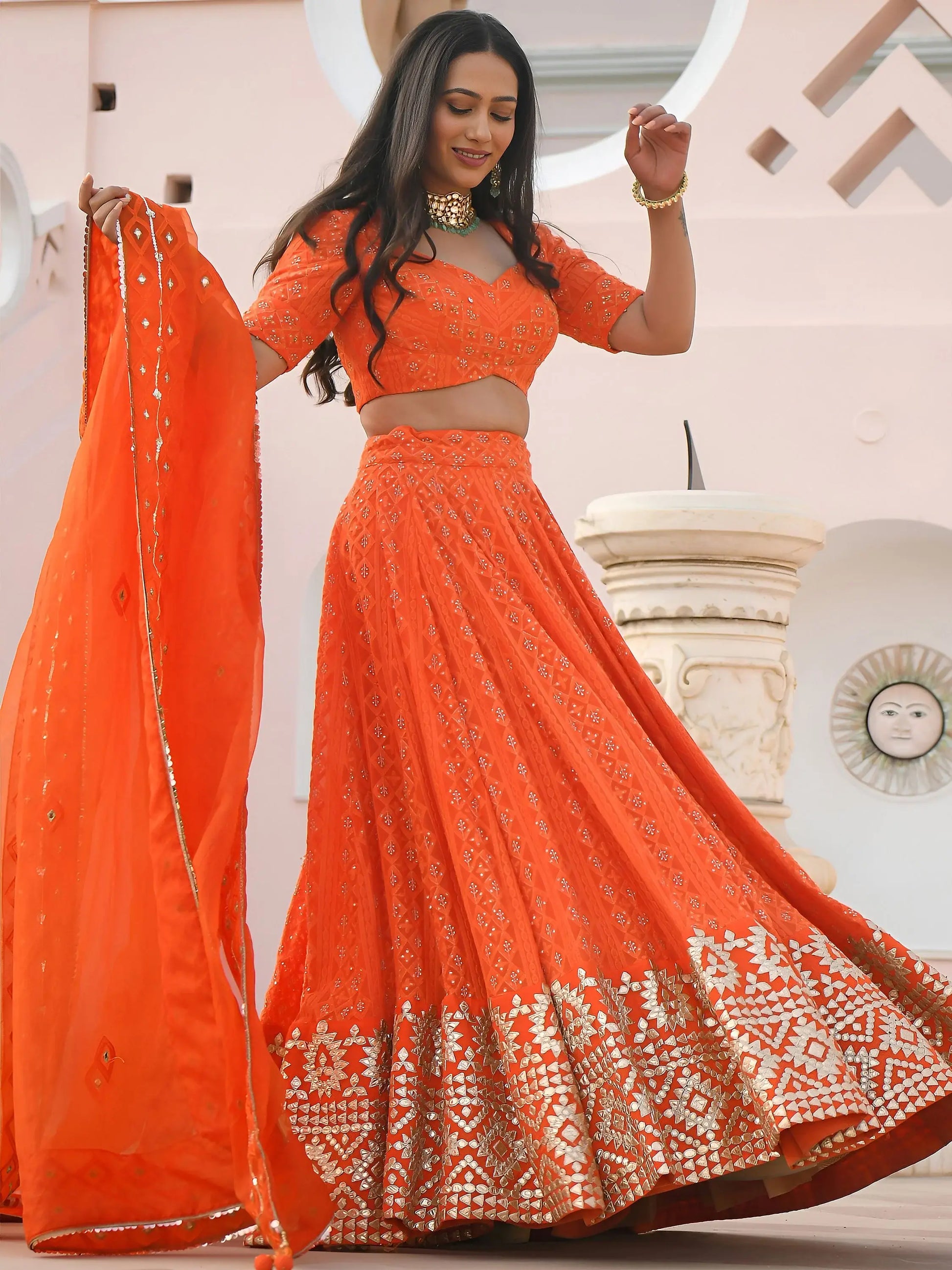 Stunning Orange Zari Embroidered Wedding Lehenga Choli With Dupatta