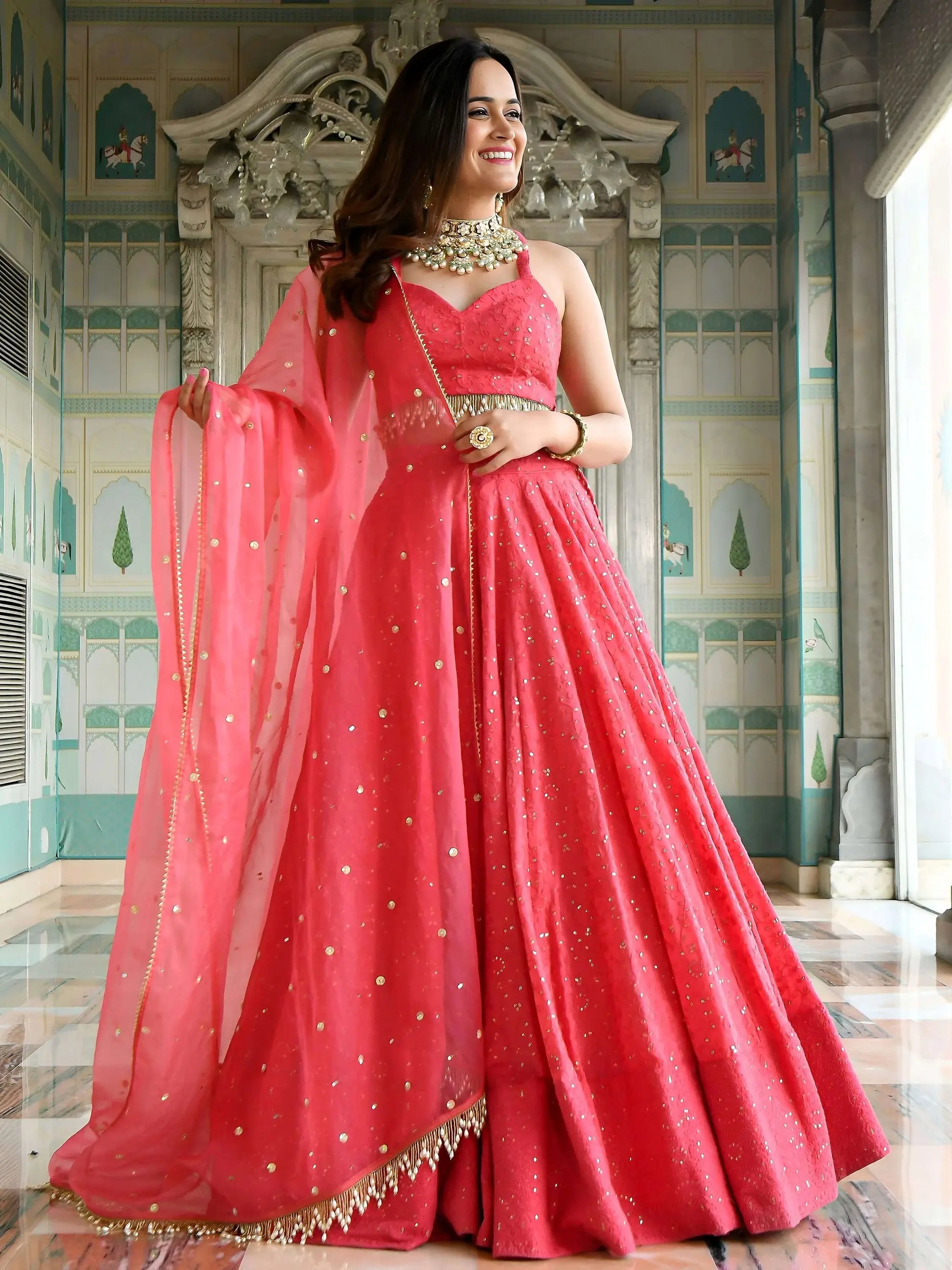 Stylish Coral Pink Thread Work Georgette Wedding Wear Lehenga With Blouse