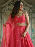 Stylish Coral Pink Thread Work Georgette Wedding Wear Lehenga With Blouse